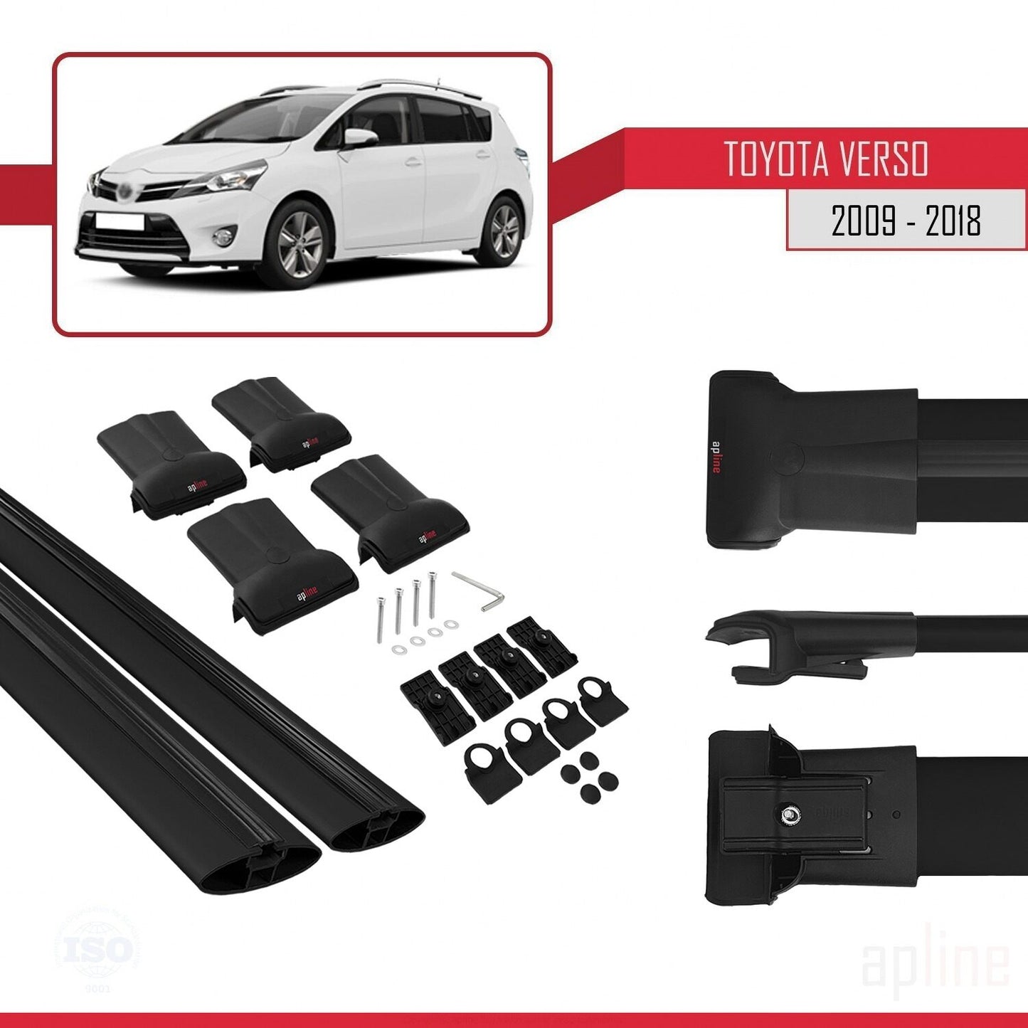 Compatible with Toyota Verso (AR20) 2009-2018 FLY Model Car Roof Rack Cross Bar Black Aluminium 2 Bars