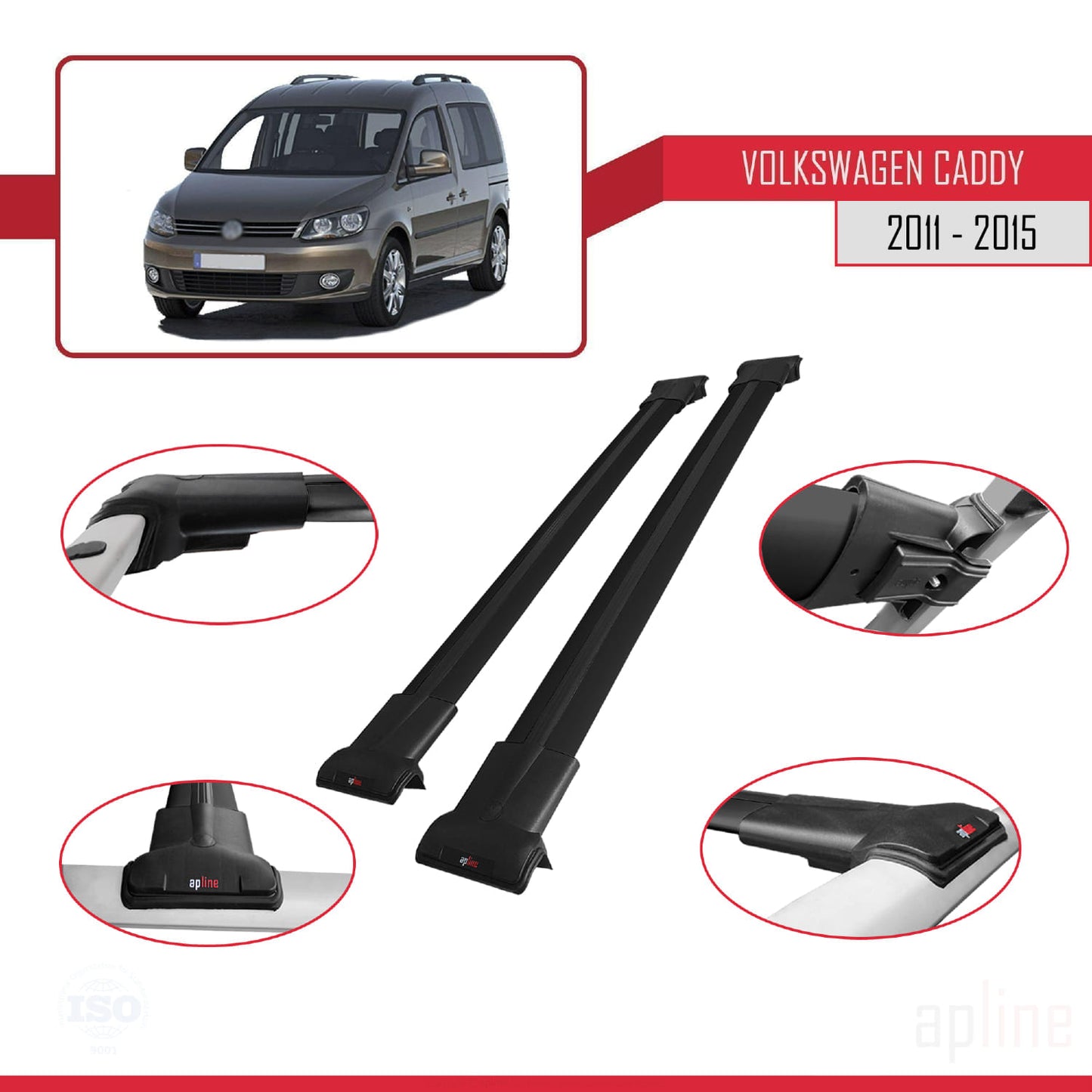 Compatible with Volkswagen Caddy 3 (2K) 2011-2015 FLY Model Car Roof Rack Cross Bar Black Aluminium 2 Bars