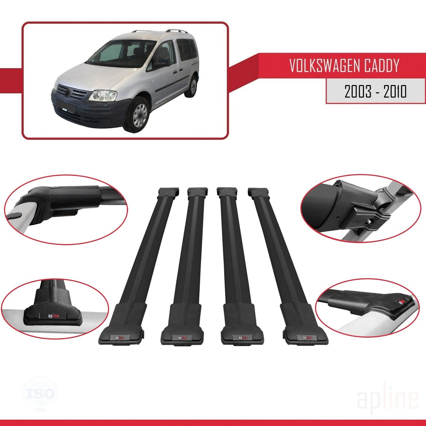 Compatible with Volkswagen Caddy 3 (2K) 2003-2010 FLY Model Car Roof Rack Cross Bar Black Aluminium 4 Bars