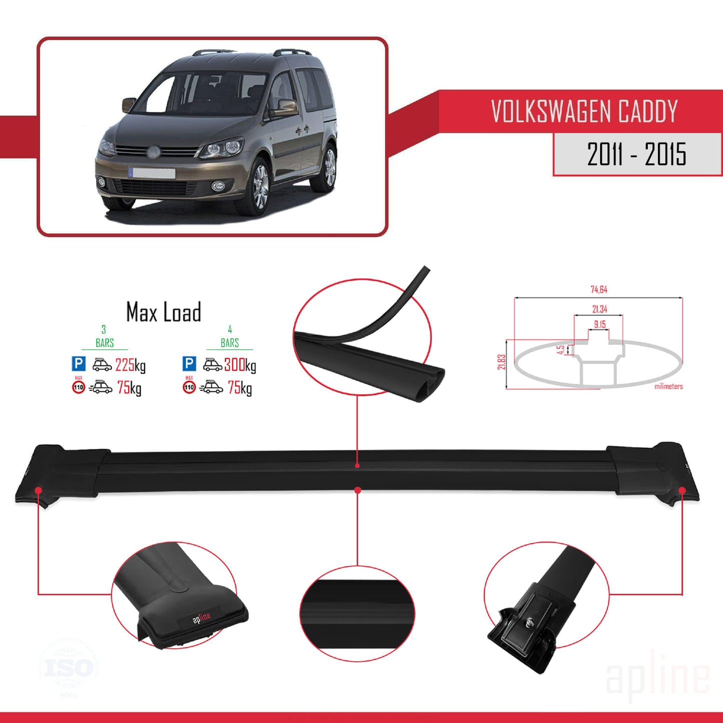 Compatible with Volkswagen Caddy 3 (2K) 2011-2015 FLY Model Car Roof Rack Cross Bar Black Aluminium 4 Bars