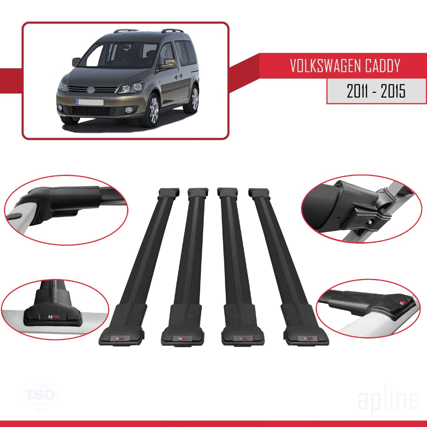 Compatible with Volkswagen Caddy 3 (2K) 2011-2015 FLY Model Car Roof Rack Cross Bar Black Aluminium 4 Bars