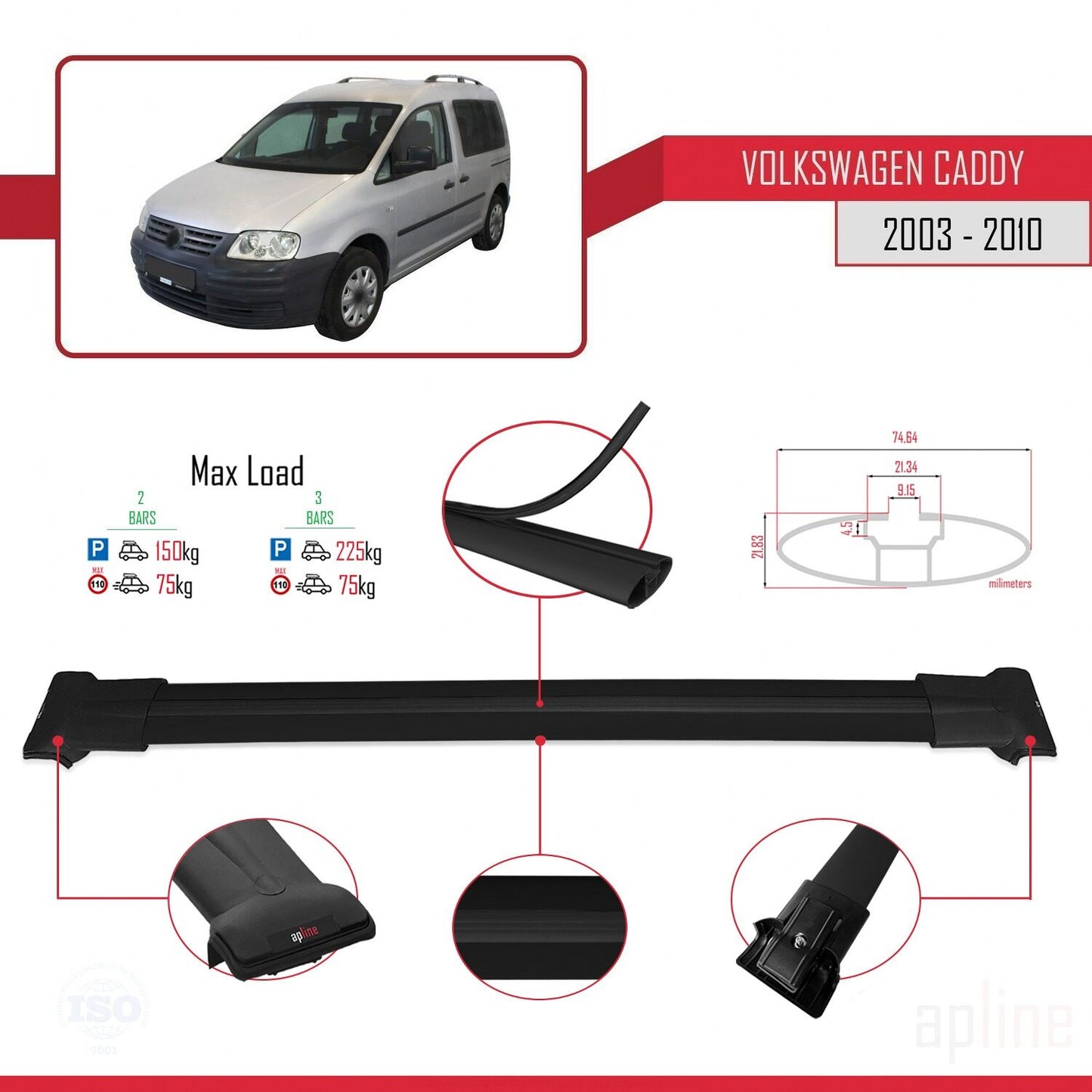 Compatible with Volkswagen Caddy 3 (2K) 2003-2010 FLY Model Car Roof Rack Cross Bar Black Aluminium 2 Bars