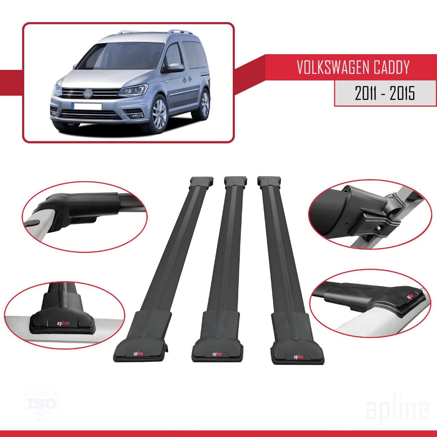 Compatible with Volkswagen Caddy 3 (SA) 2015-2019 FLY Model Car Roof Rack Cross Bar Black Aluminium 3 Bars