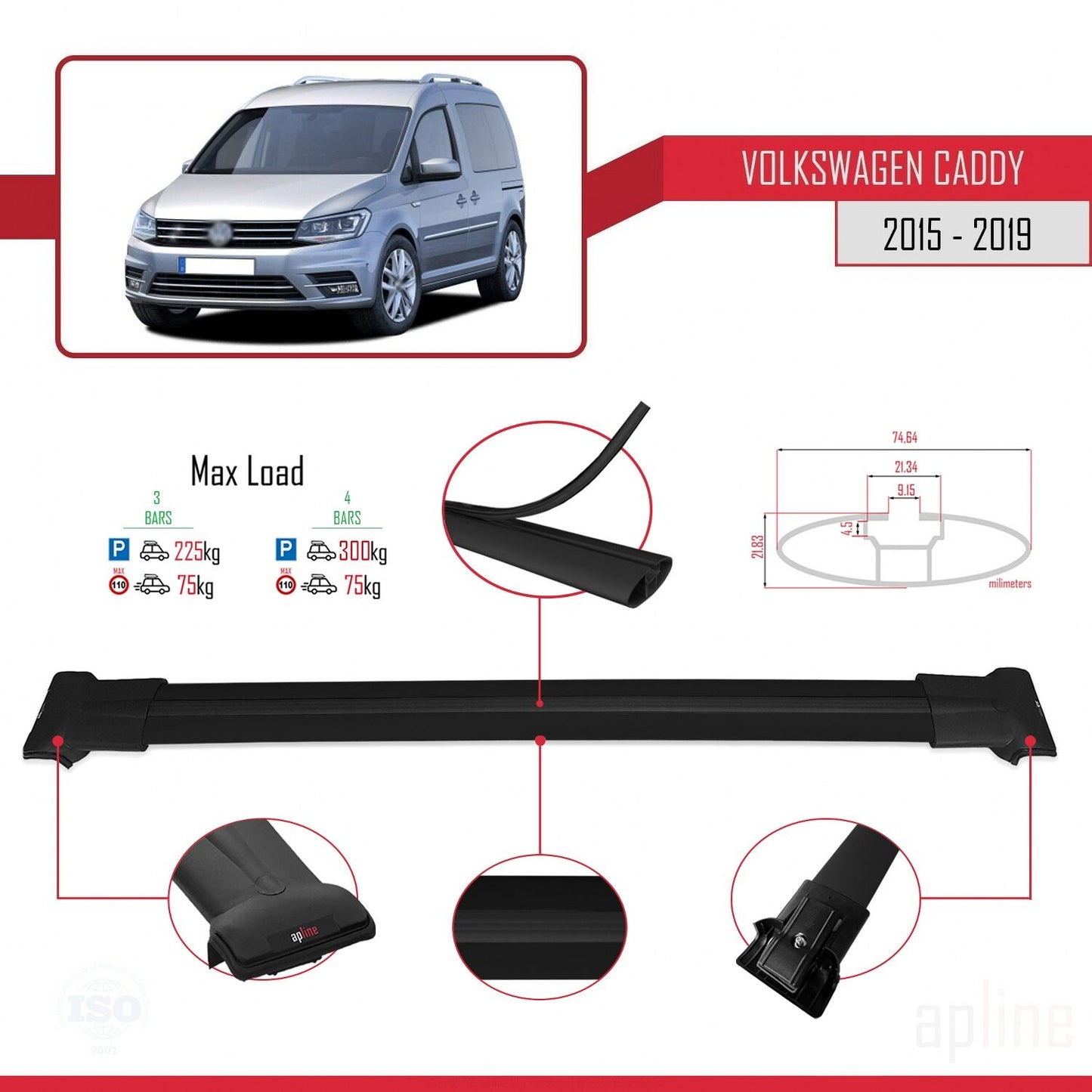 Compatible with Volkswagen Caddy 3 (SA) 2015-2019 FLY Model Car Roof Rack Cross Bar Black Aluminium 4 Bars