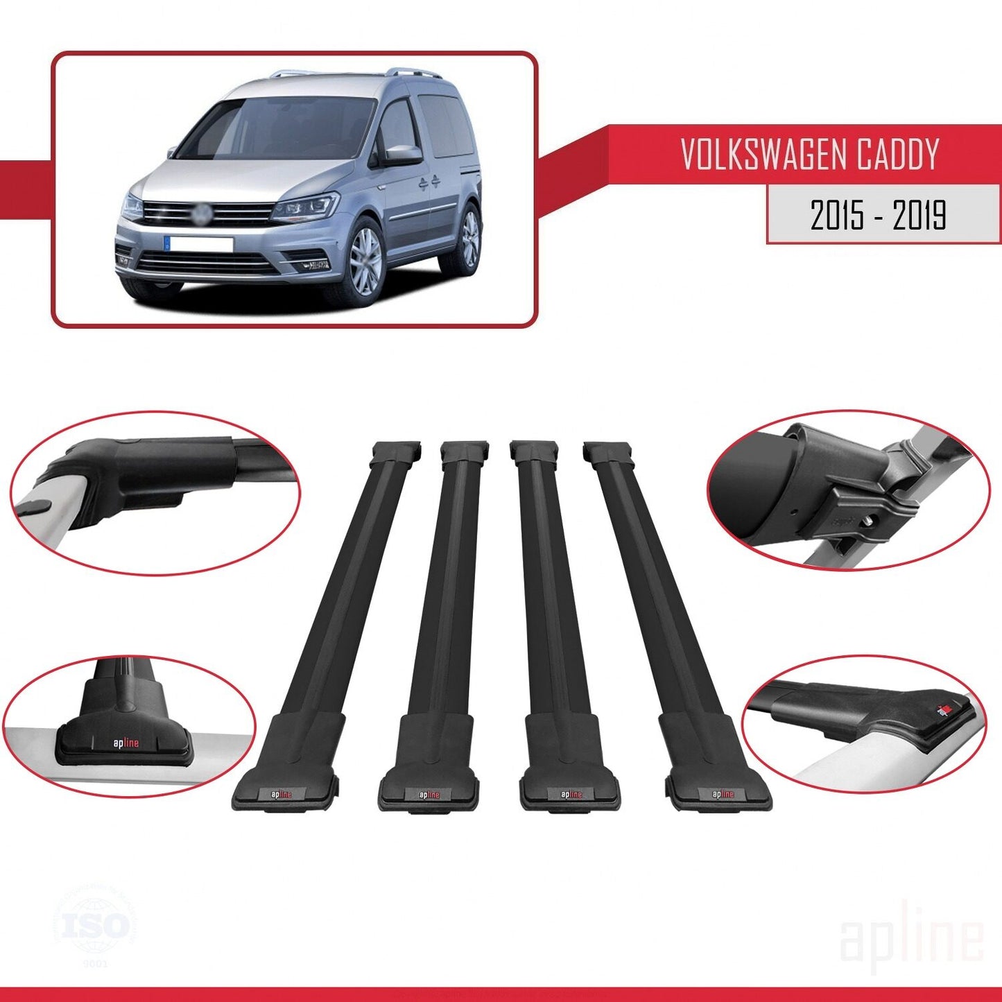 Compatible with Volkswagen Caddy 3 (SA) 2015-2019 FLY Model Car Roof Rack Cross Bar Black Aluminium 4 Bars
