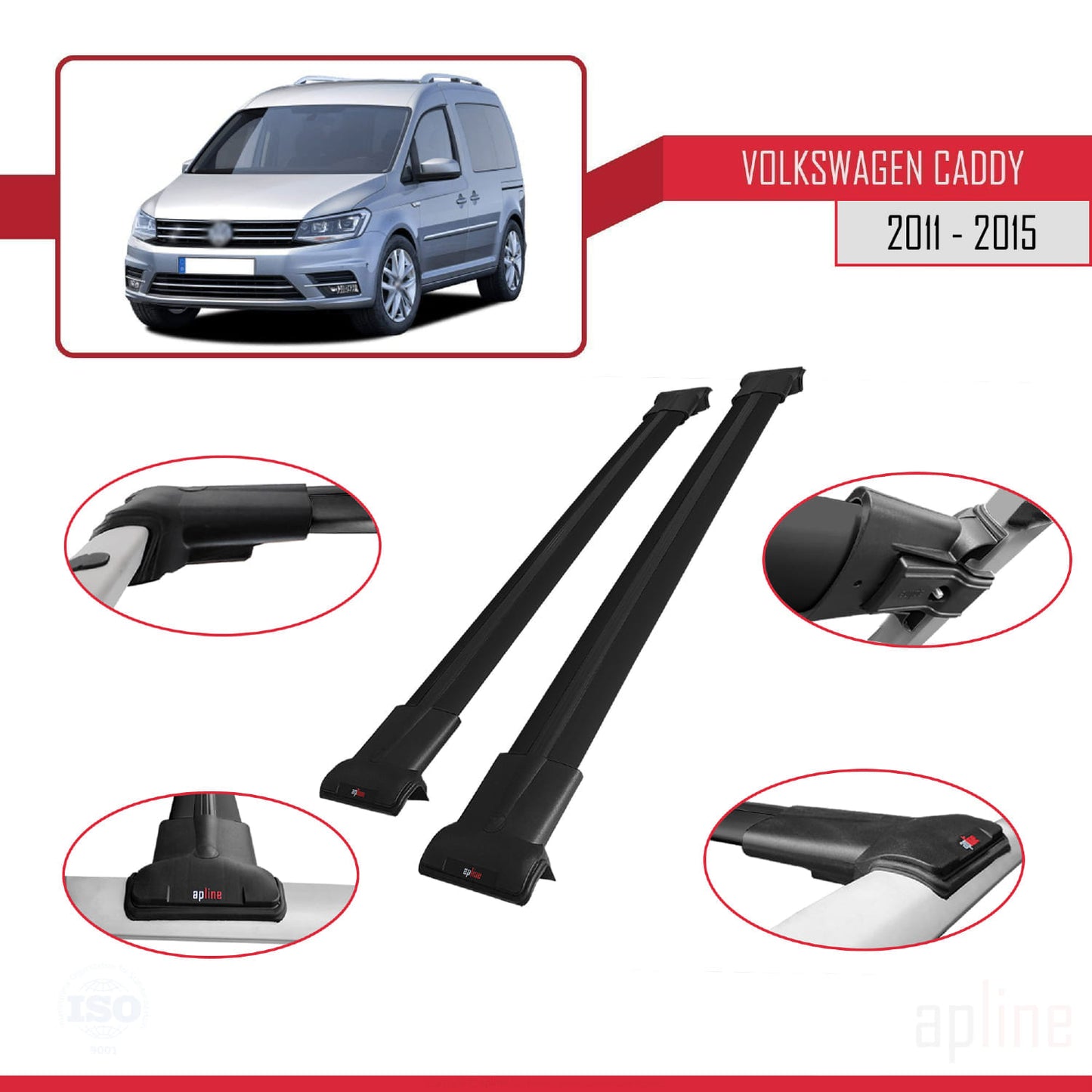 Compatible with Volkswagen Caddy 3 (SA) 2015-2019 FLY Model Car Roof Rack Cross Bar Black Aluminium 2 Bars