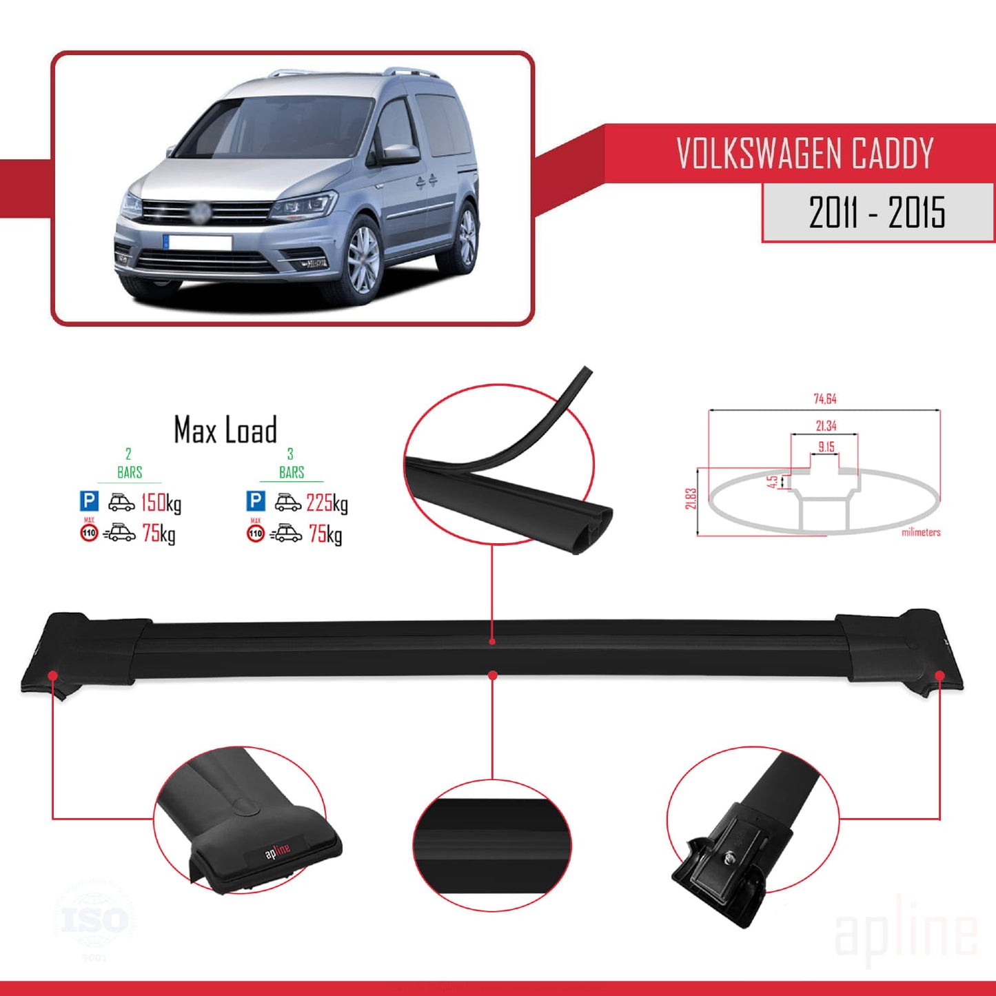 Compatible with Volkswagen Caddy 3 (SA) 2015-2019 FLY Model Car Roof Rack Cross Bar Black Aluminium 2 Bars