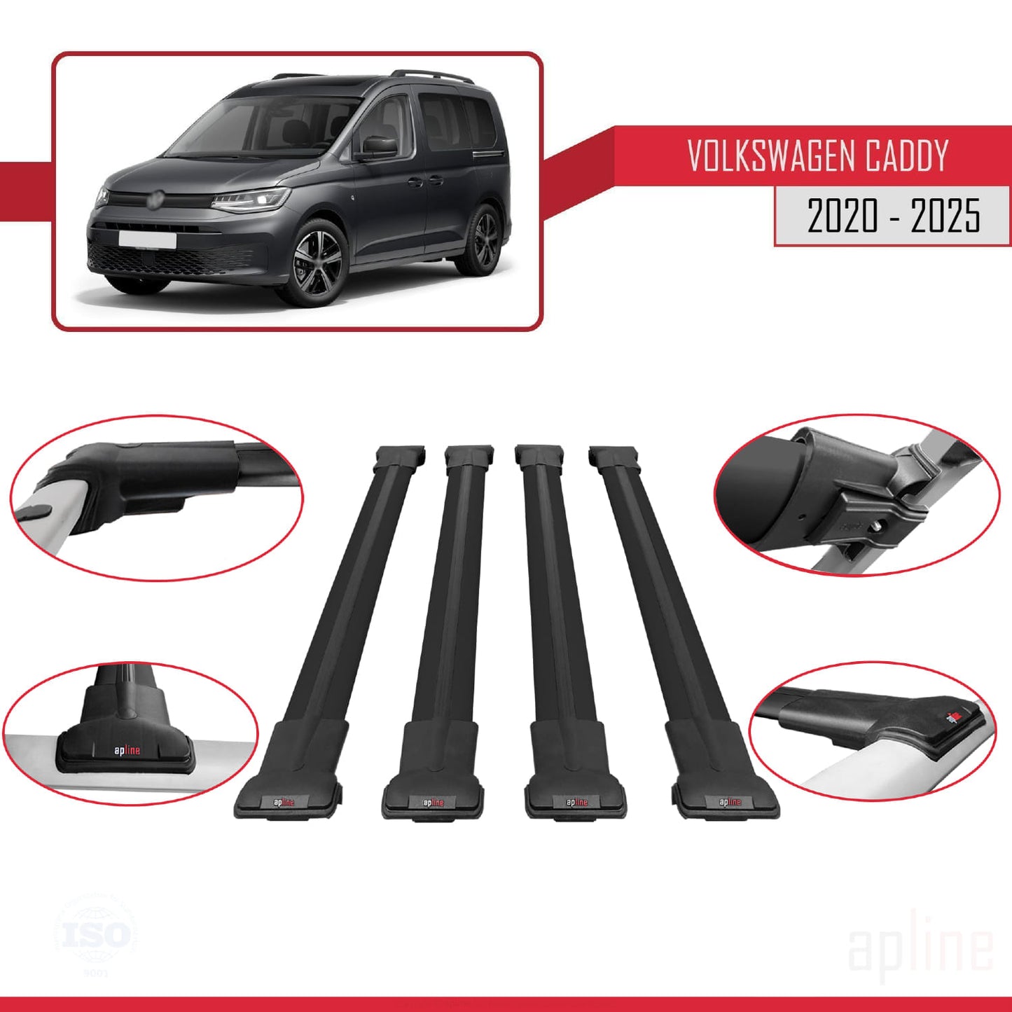 Compatible with Volkswagen Caddy 4 (SB) 2020-2025 FLY Model Car Roof Rack Cross Bar Black Aluminium 4 Bars