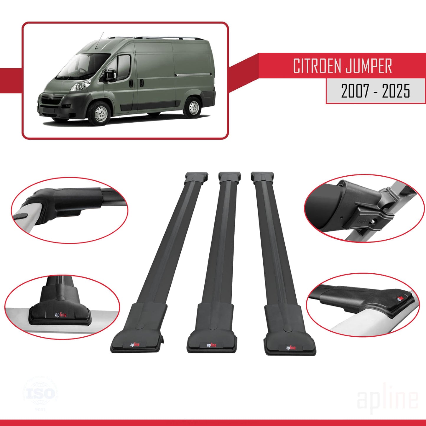 Compatible with Citroen Jumper 2 2007-2025 FLY Model Car Roof Rack Cross Bar Black Aluminium 3 Bars