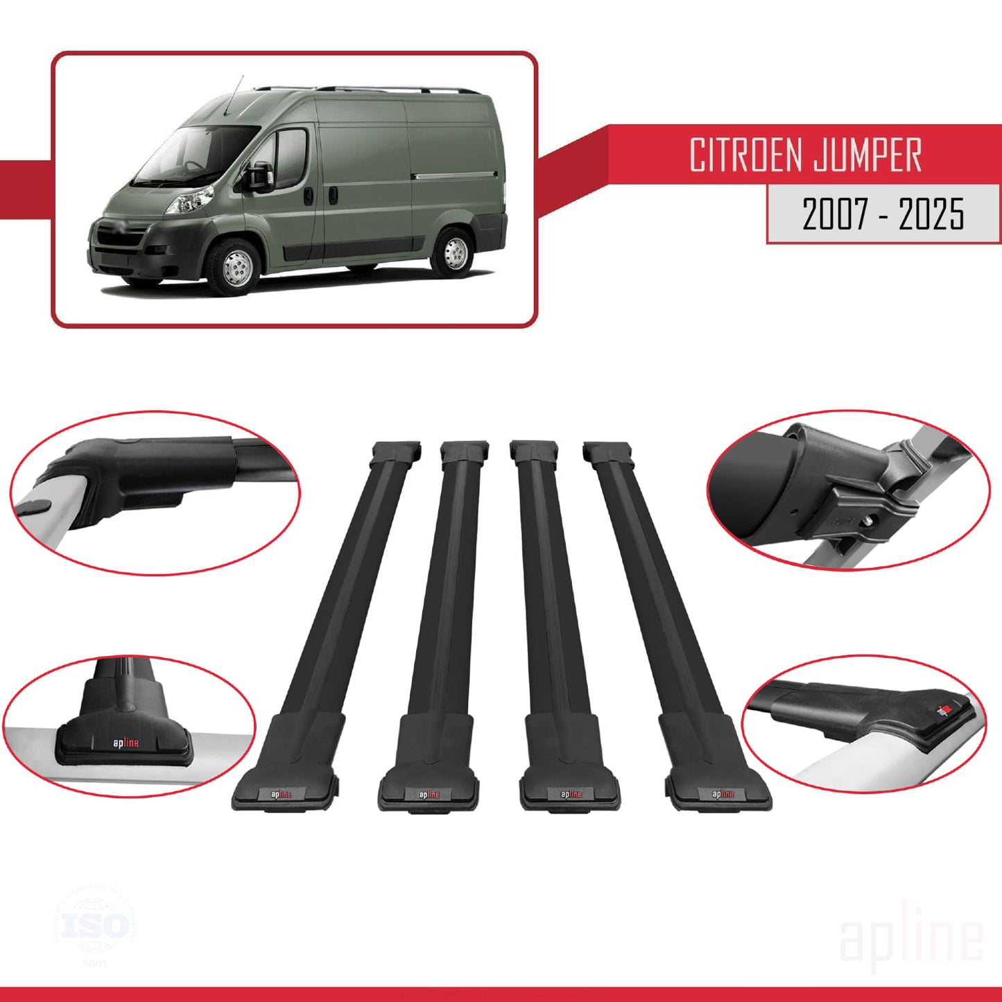 Compatible with Citroen Jumper 2 2007-2025 FLY Model Car Roof Rack Cross Bar Black Aluminium 4 Bars
