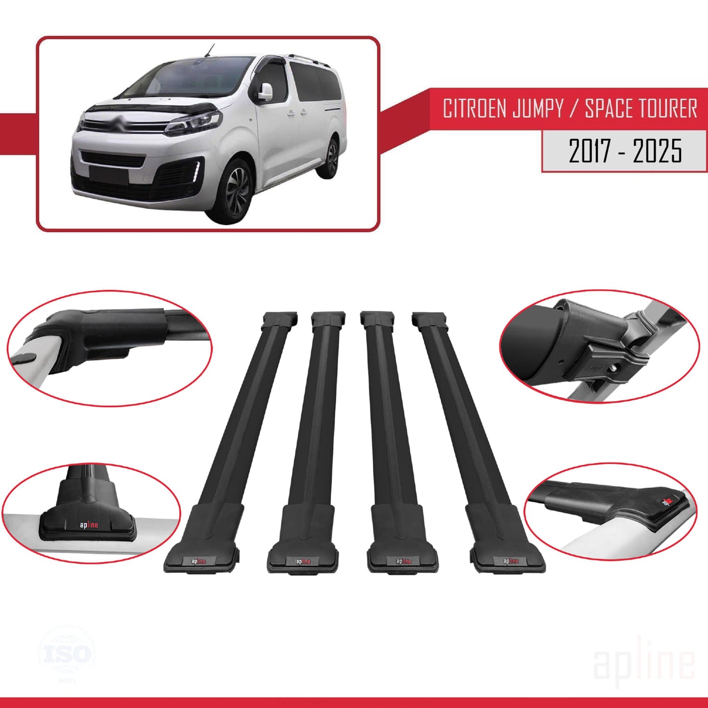 Compatible with Citroen Jumpy 3 (K0) Space Tourer 2017-2025 FLY Model Car Roof Rack Cross Bar Black Aluminium 4 Bars