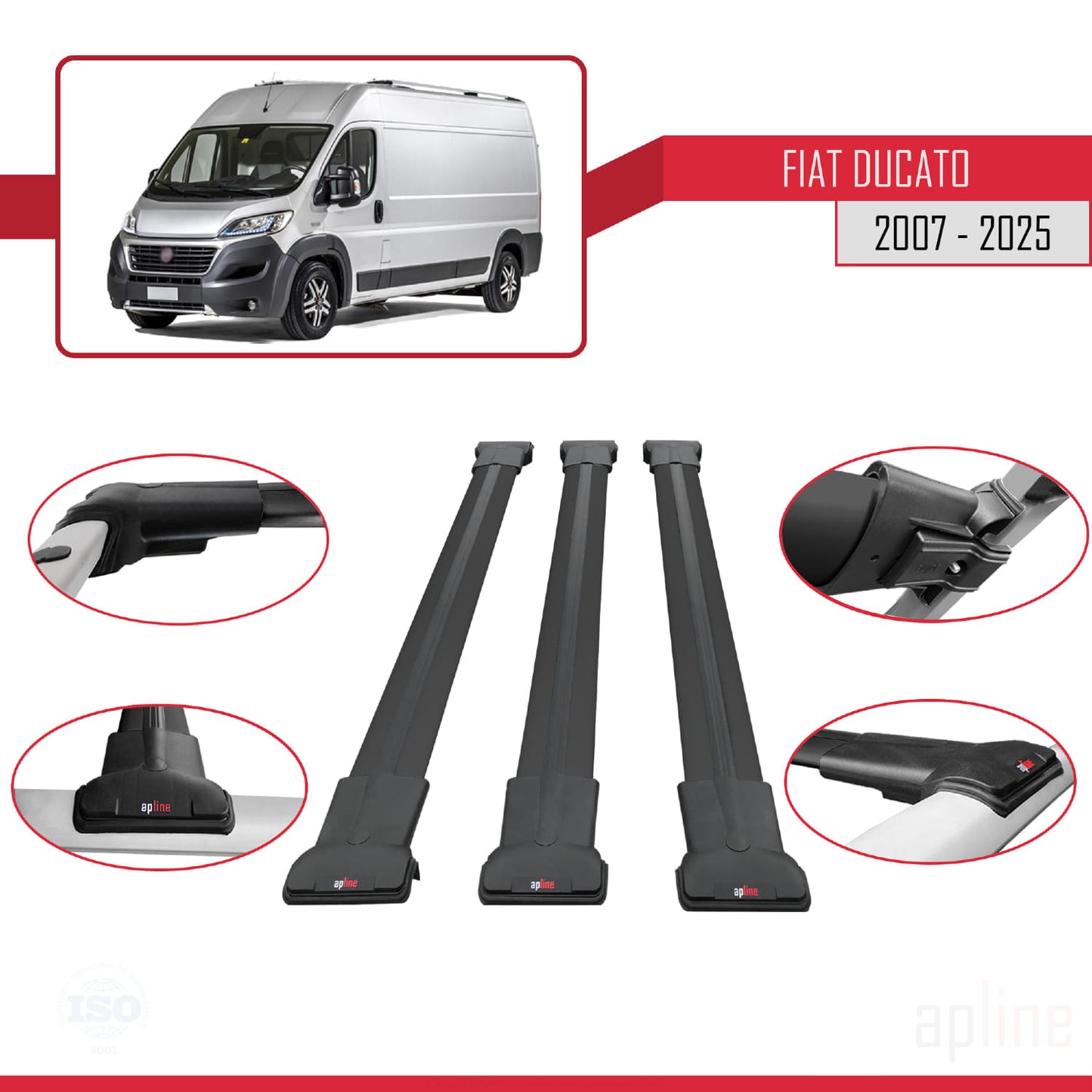 Compatible with Fiat Ducato 3 2007-2025 FLY Model Car Roof Rack Cross Bar Black Aluminium 3 Bars