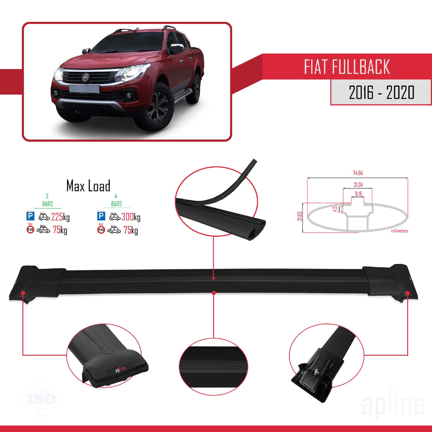 Compatible with Fiat Fullback 2016-2020 FLY Model Car Roof Rack Cross Bar Black Aluminium 3 Bars