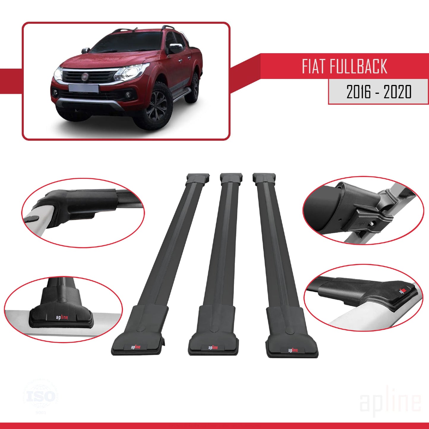 Compatible with Fiat Fullback 2016-2020 FLY Model Car Roof Rack Cross Bar Black Aluminium 3 Bars
