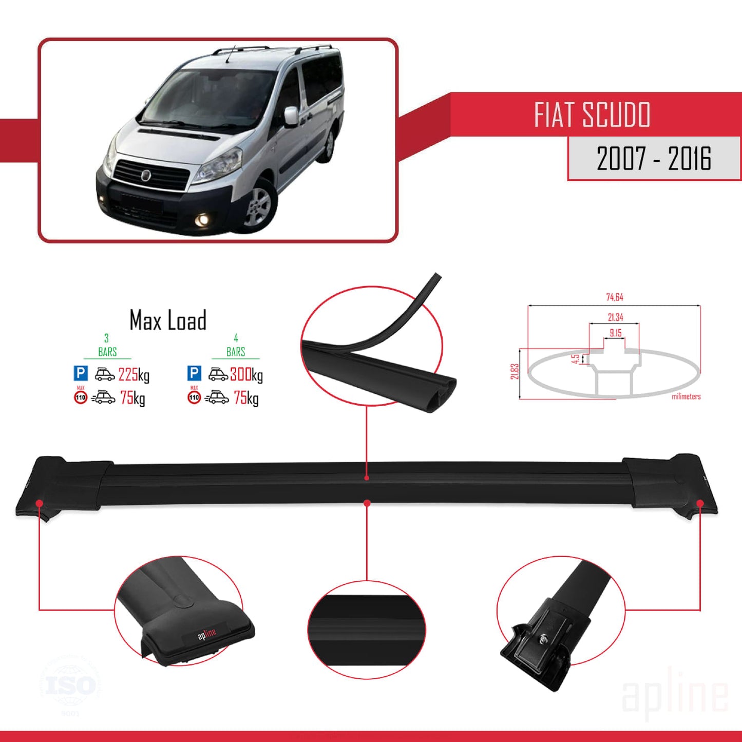 Compatible with Fiat Scudo 2 2007-2016 FLY Model Car Roof Rack Cross Bar Black Aluminium 4 Bars