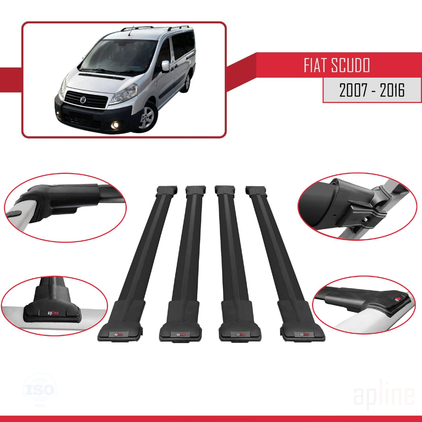 Compatible with Fiat Scudo 2 2007-2016 FLY Model Car Roof Rack Cross Bar Black Aluminium 4 Bars