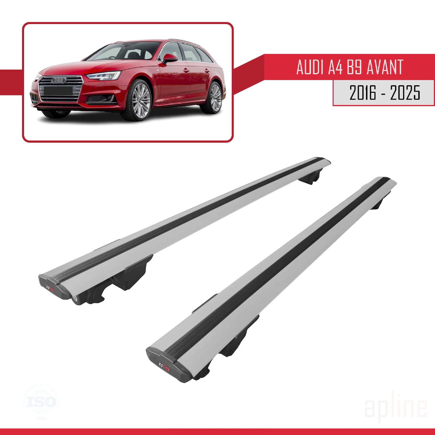 Compatible with Audi A4 (B9) Avant 2016-2025 HOOK Model Car Roof Rack Cross Bar Grey Aluminium 2 Bars