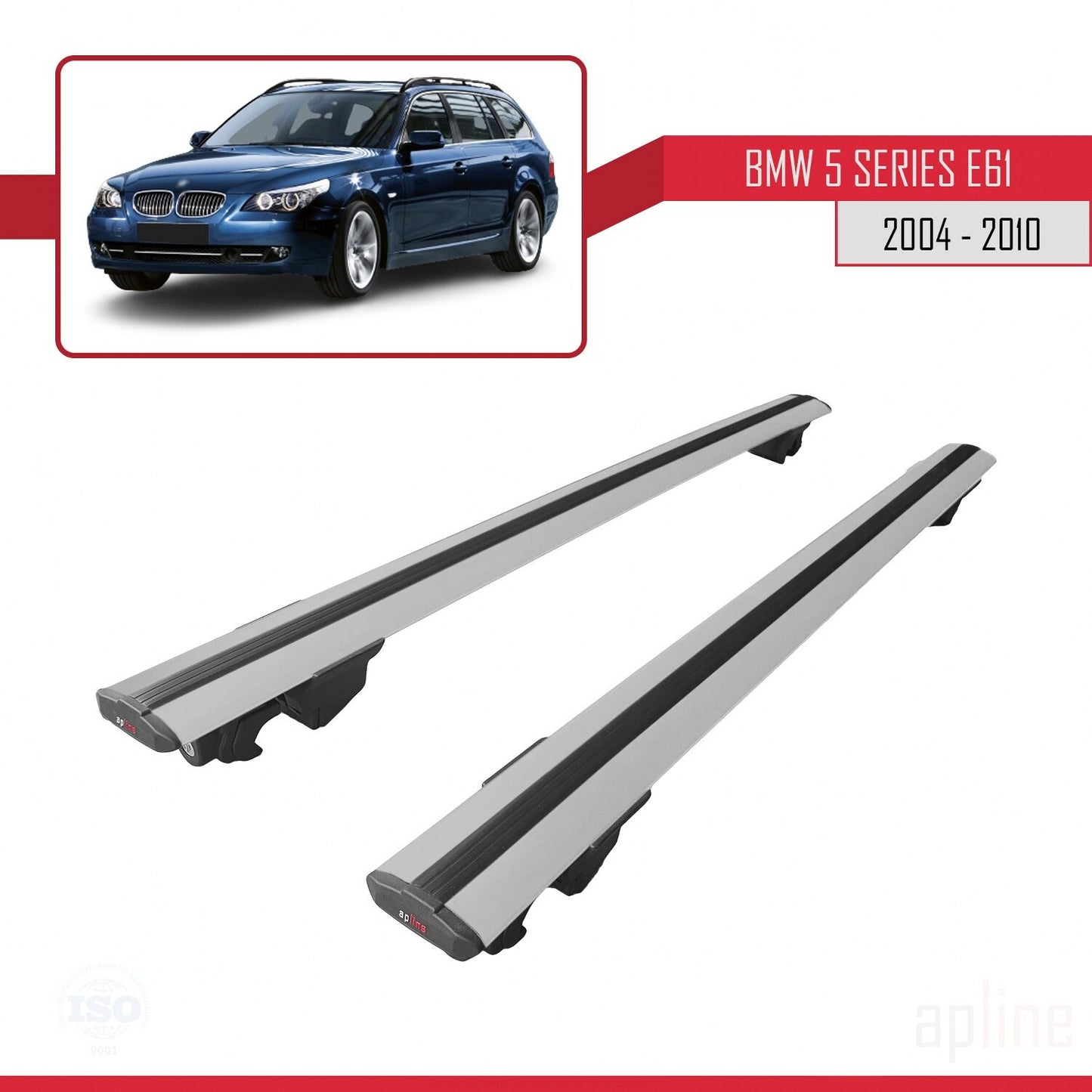 Compatible with BMW 5 Series (E61) Touring 2004-2010 HOOK Model Car Roof Rack Cross Bar Grey Aluminium 2 Bars