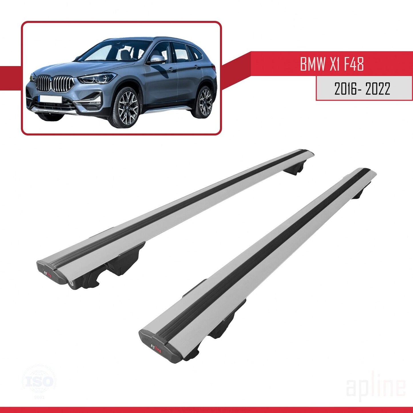 Compatible with BMW X1 (F48) 2016-2022 HOOK Model Car Roof Rack Cross Bar Grey Aluminium 2 Bars