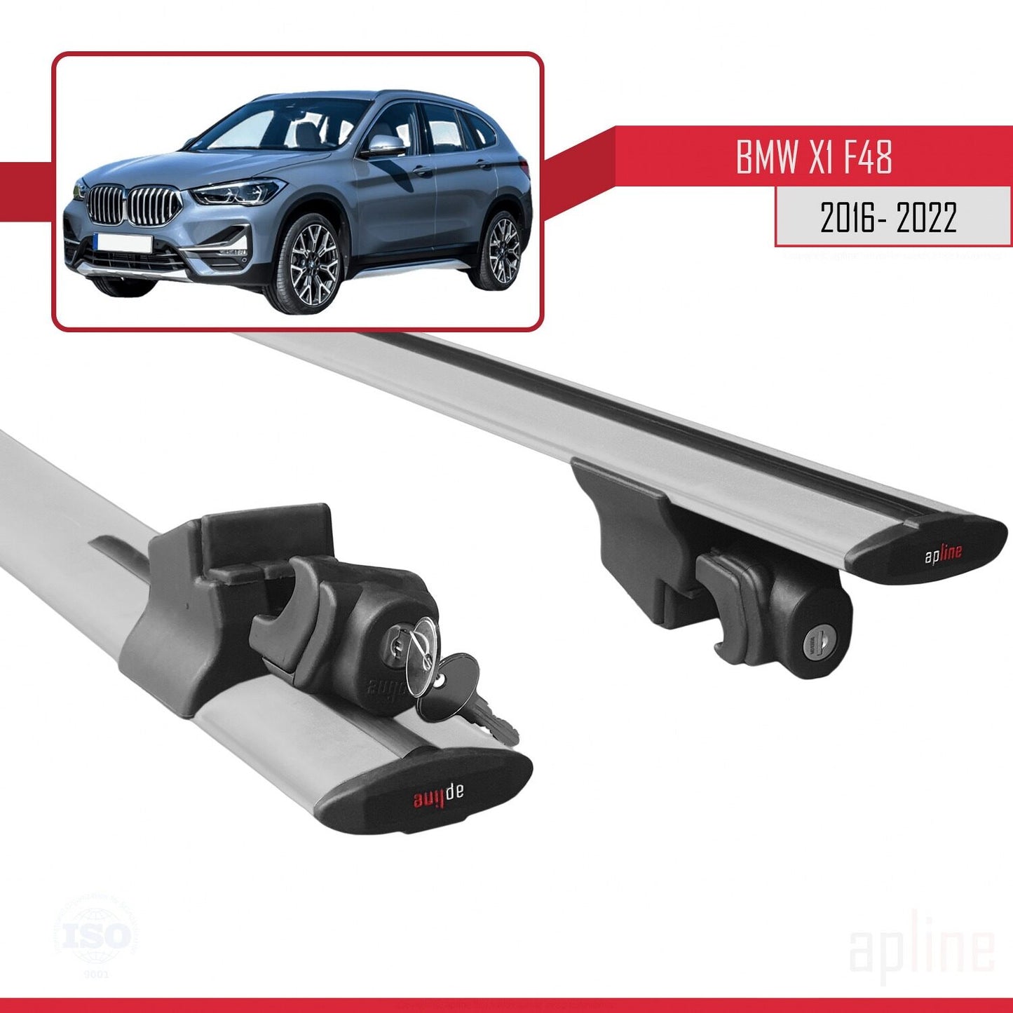 Compatible with BMW X1 (F48) 2016-2022 HOOK Model Car Roof Rack Cross Bar Grey Aluminium 2 Bars
