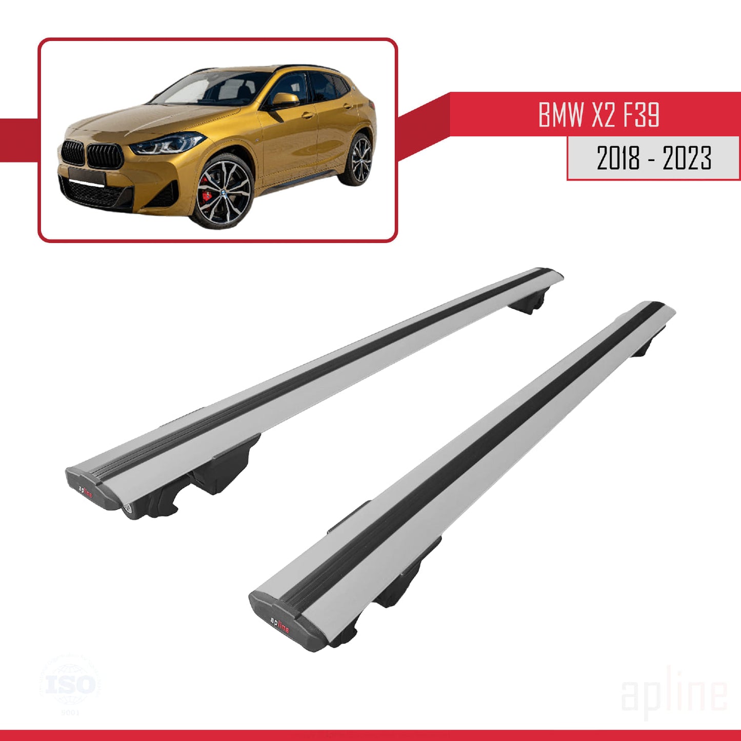 Compatible with BMW X2 (F39) 2018-2023 HOOK Model Car Roof Rack Cross Bar Grey Aluminium 2 Bars