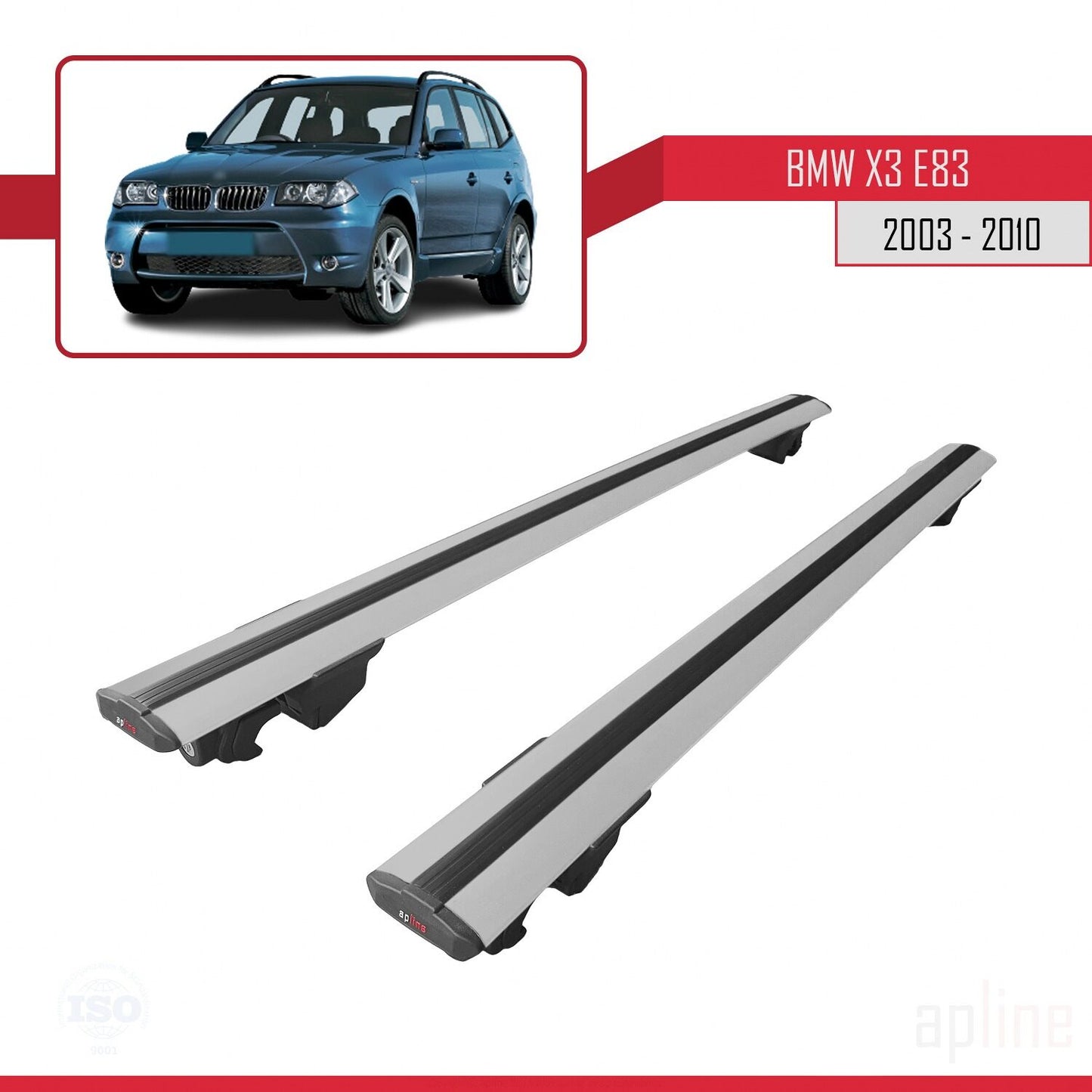 Compatible with BMW X3 (E83) 2003-2010 HOOK Model Car Roof Rack Cross Bar Grey Aluminium 2 Bars