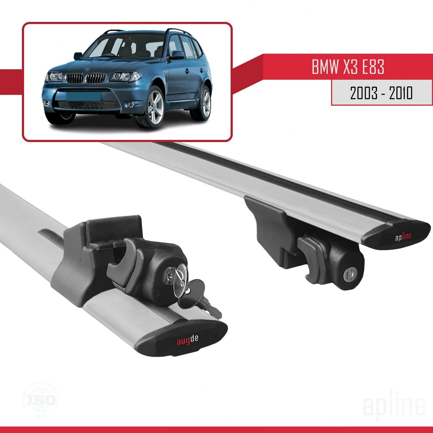 Compatible with BMW X3 (E83) 2003-2010 HOOK Model Car Roof Rack Cross Bar Grey Aluminium 2 Bars