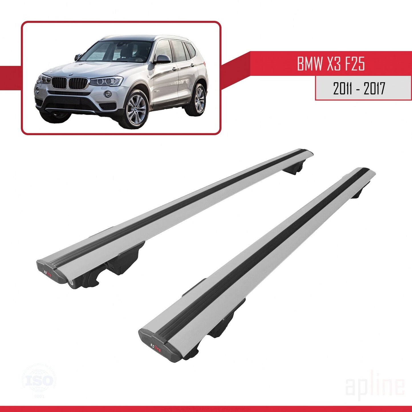 Compatible with BMW X3 (F25) 2011-2017 HOOK Model Car Roof Rack Cross Bar Grey Aluminium 2 Bars