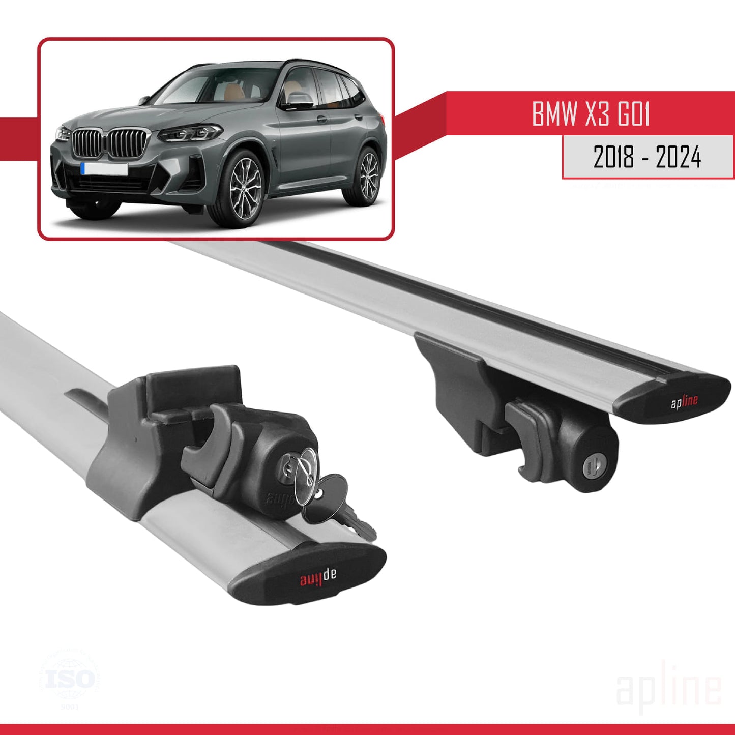 Compatible with BMW X3 (G01) 2018-2024 HOOK Model Car Roof Rack Cross Bar Grey Aluminium 2 Bars