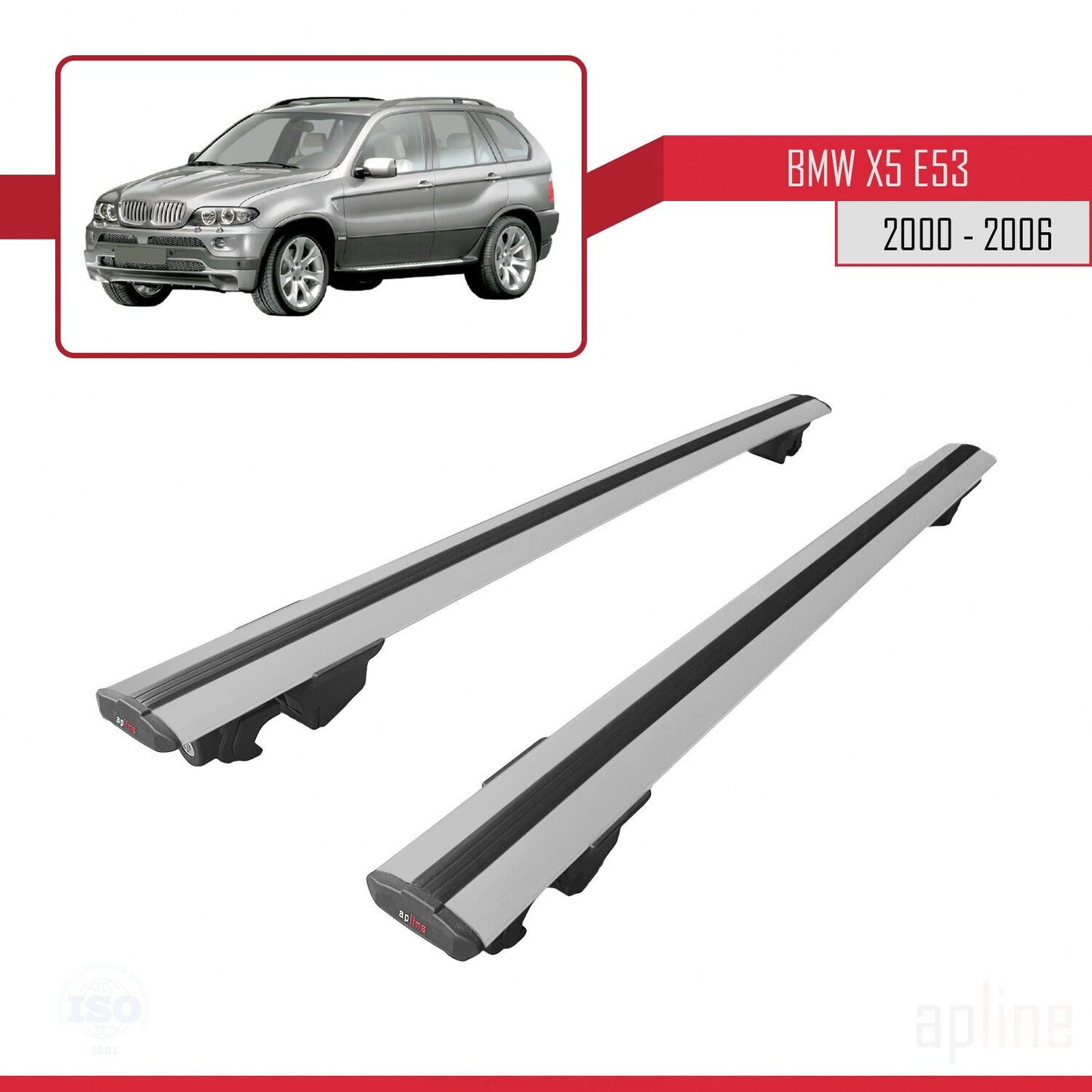 Compatible with BMW X5 (E53) 2000-2006 HOOK Model Car Roof Rack Cross Bar Grey Aluminium 2 Bars