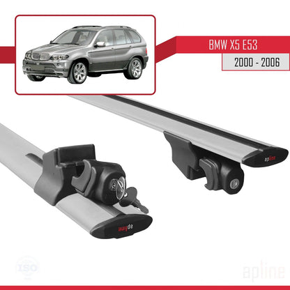 Compatible with BMW X5 (E53) 2000-2006 HOOK Model Car Roof Rack Cross Bar Grey Aluminium 2 Bars