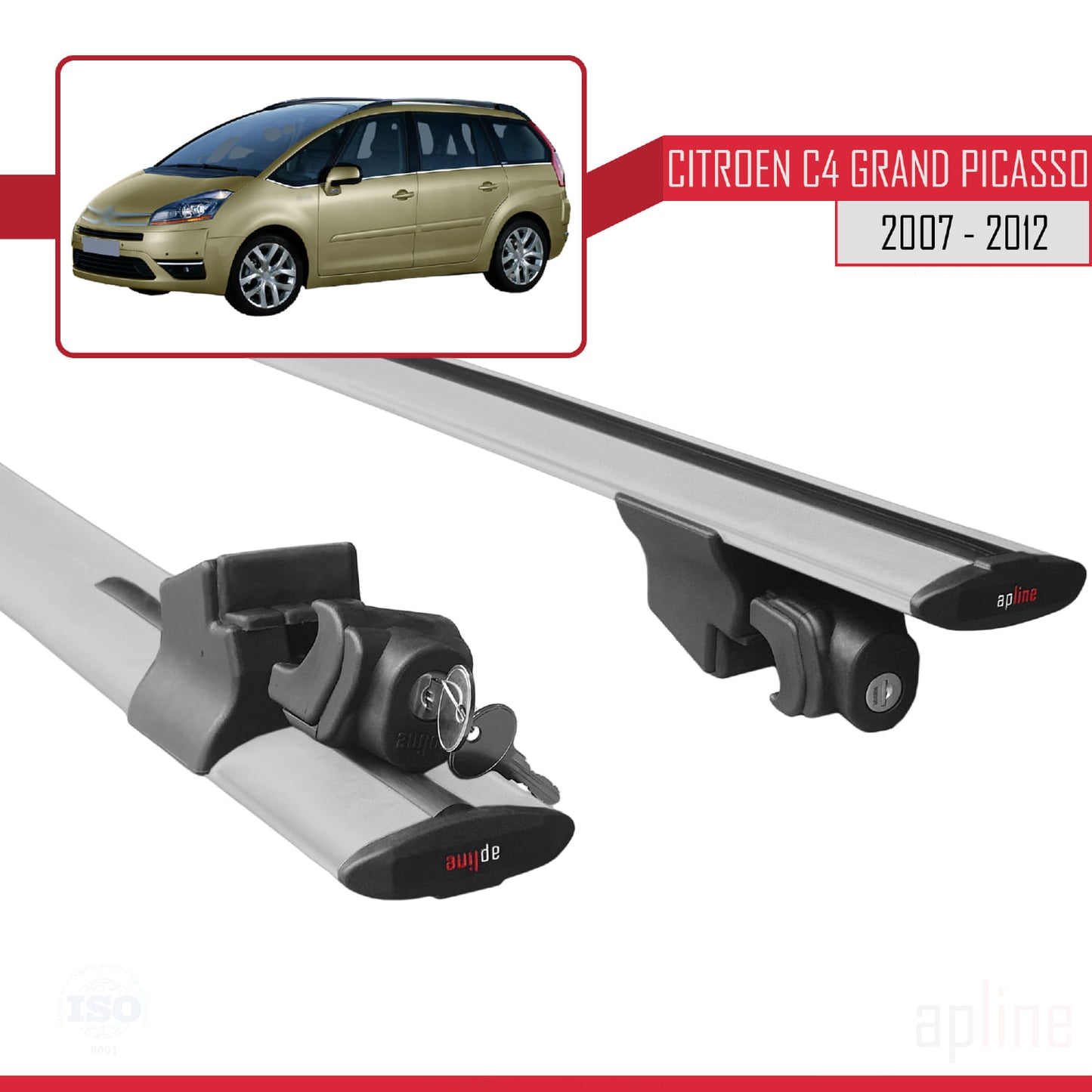 Compatible with Citroen Grand C4 Picasso 2007-2012 HOOK Model Car Roof Rack Cross Bar Grey Aluminium 2 Bars