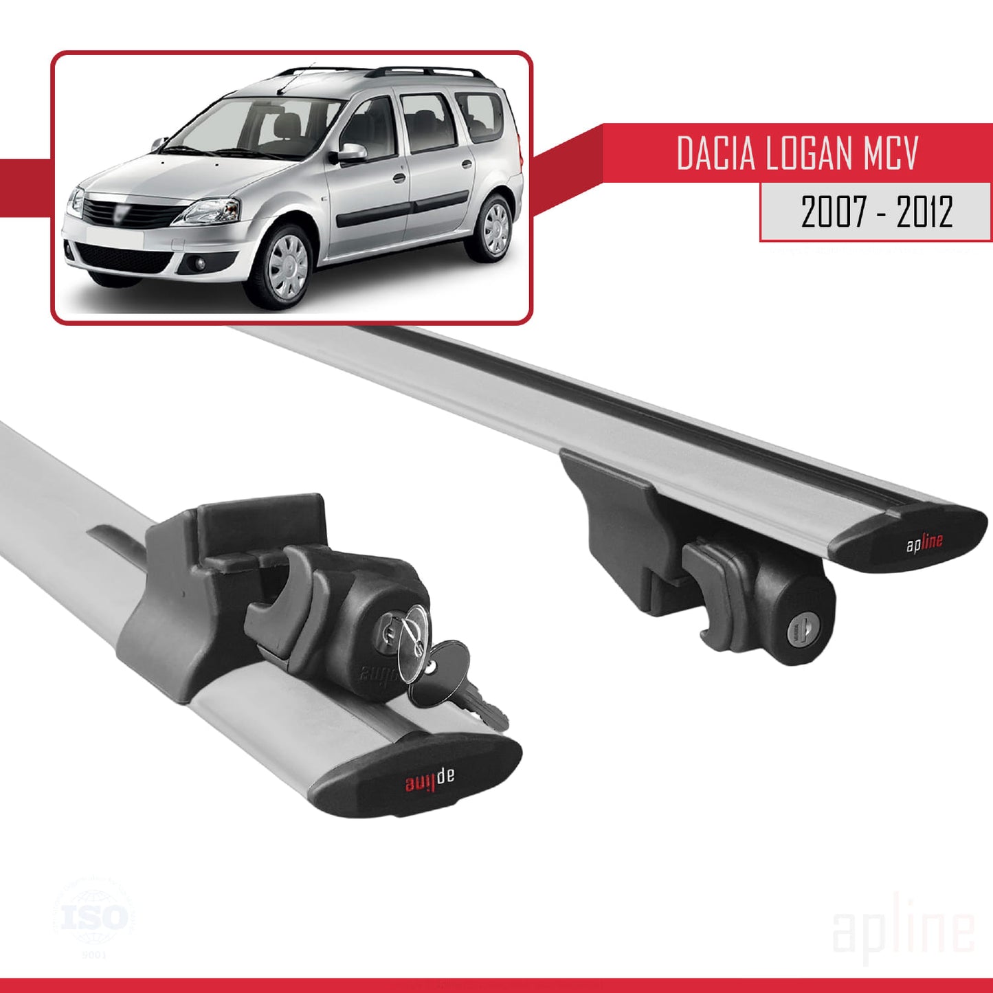 Compatible with Dacia Logan 2 MCV (K52) 2007-2012 HOOK Model Car Roof Rack Cross Bar Grey Aluminium 2 Bars