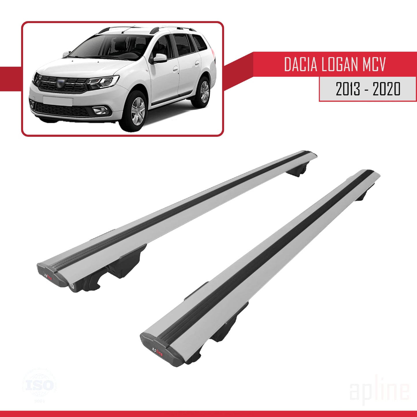 Compatible with Dacia Logan 2 MCV (K52) 2013-2020 HOOK Model Car Roof Rack Cross Bar Grey Aluminium 2 Bars