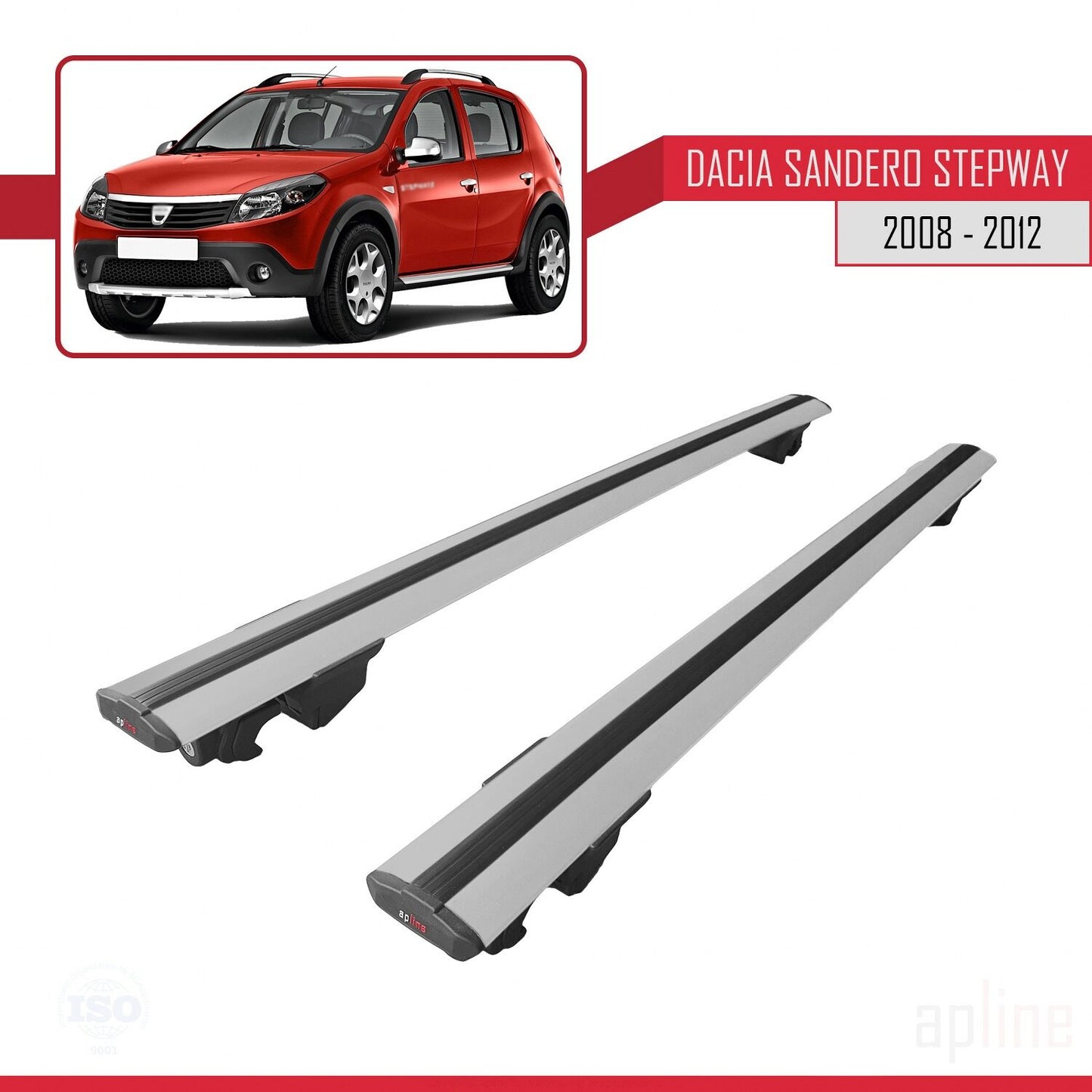 Compatible with Dacia Sandero Stepway 2008-2012 HOOK Model Car Roof Rack Cross Bar Grey Aluminium 2 Bars