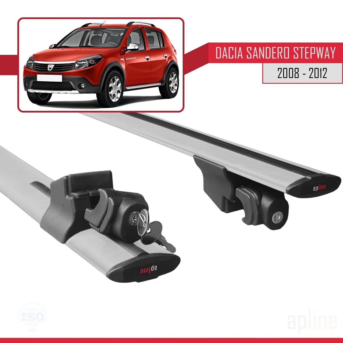 Compatible with Dacia Sandero Stepway 2008-2012 HOOK Model Car Roof Rack Cross Bar Grey Aluminium 2 Bars