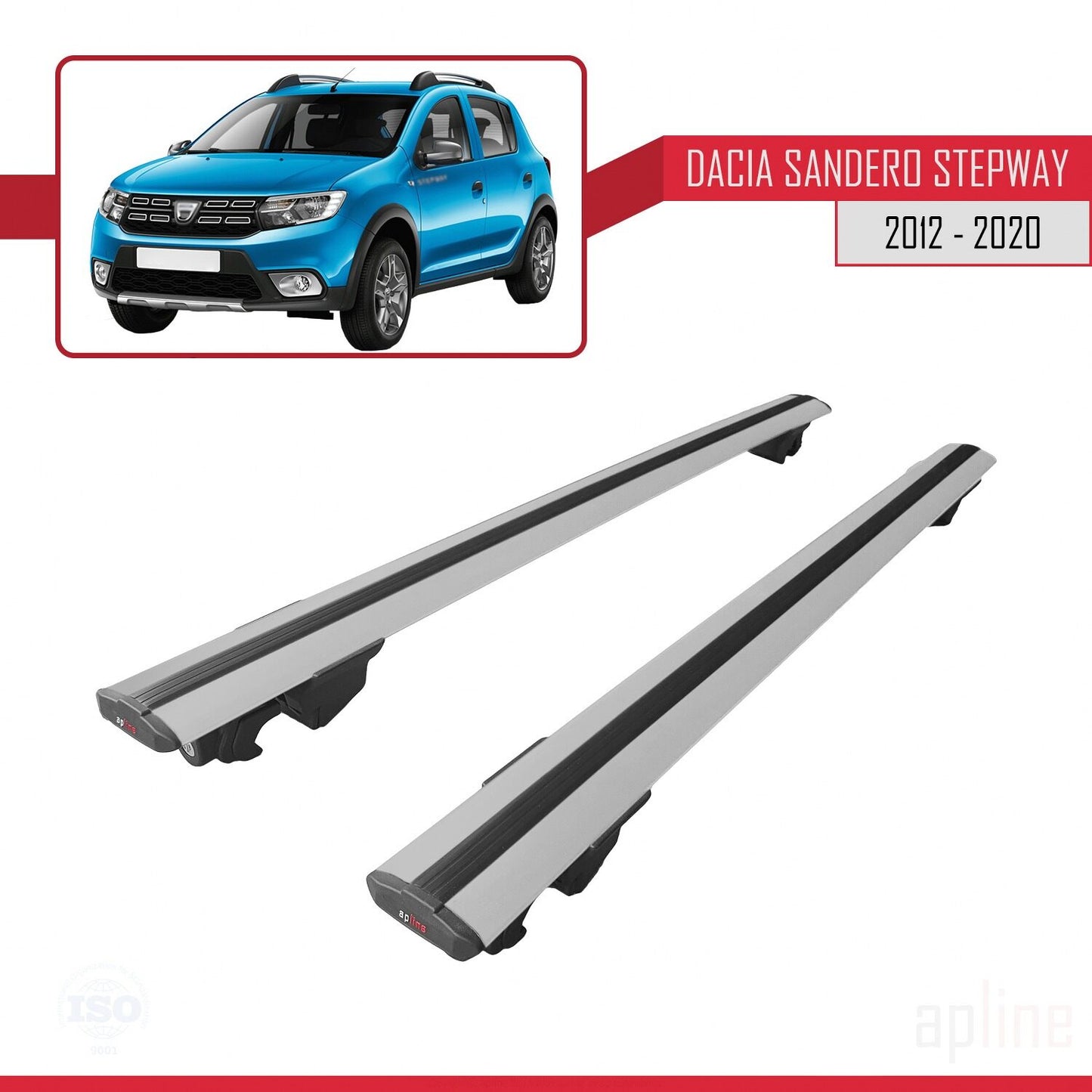 Compatible with Dacia Sandero Stepway 2 2012-2020 HOOK Model Car Roof Rack Cross Bar Grey Aluminium 2 Bars