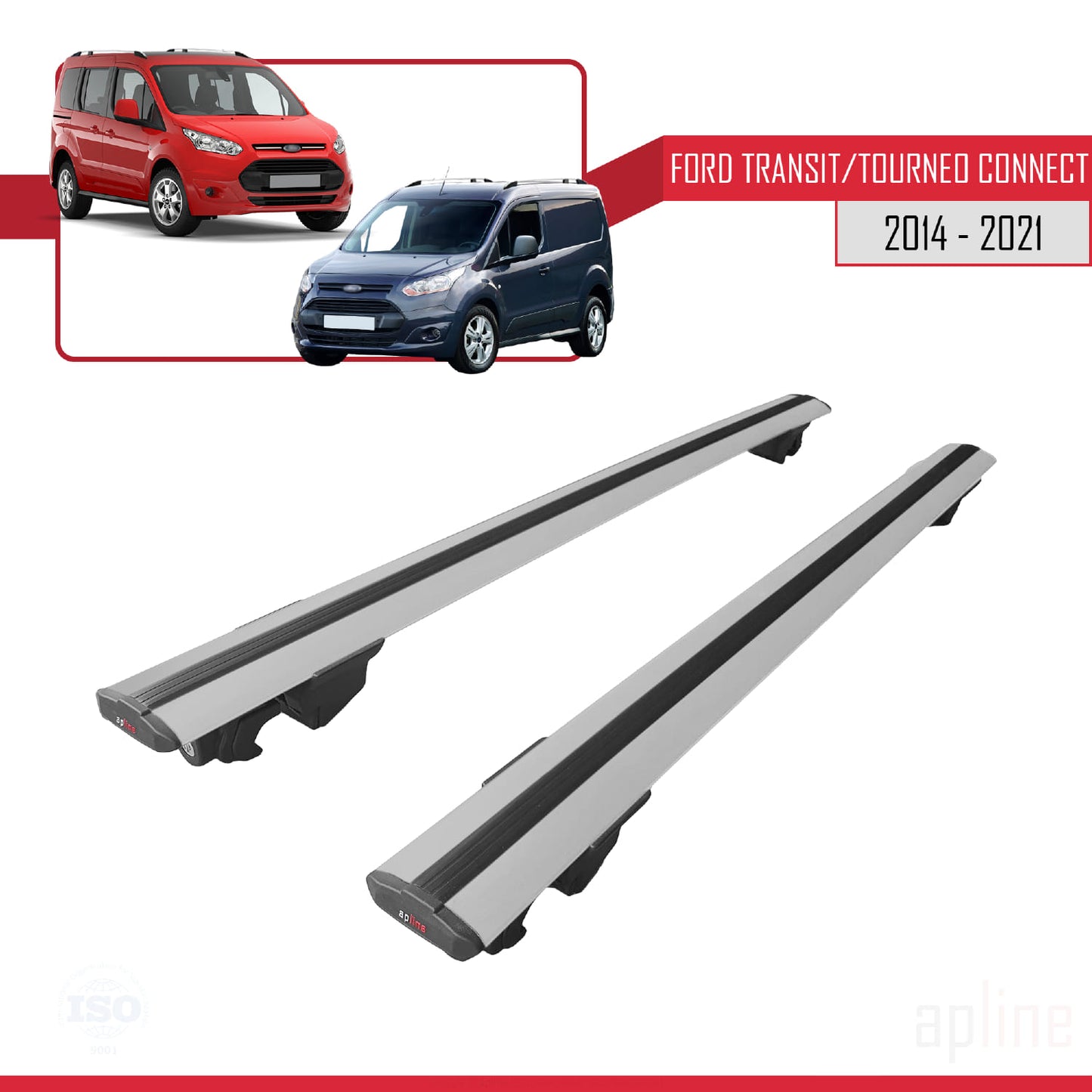 Compatible with Ford Transit/Tourneo Connect 2 2014-2021 HOOK Model Car Roof Rack Cross Bar Grey Aluminium 2 Bars