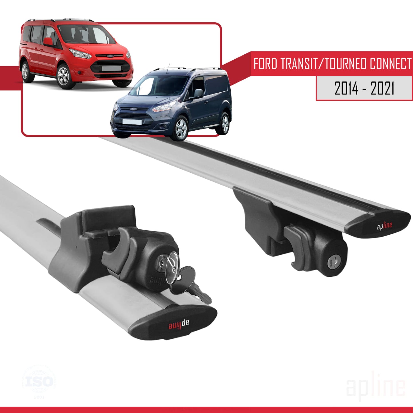 Compatible with Ford Transit/Tourneo Connect 2 2014-2021 HOOK Model Car Roof Rack Cross Bar Grey Aluminium 2 Bars