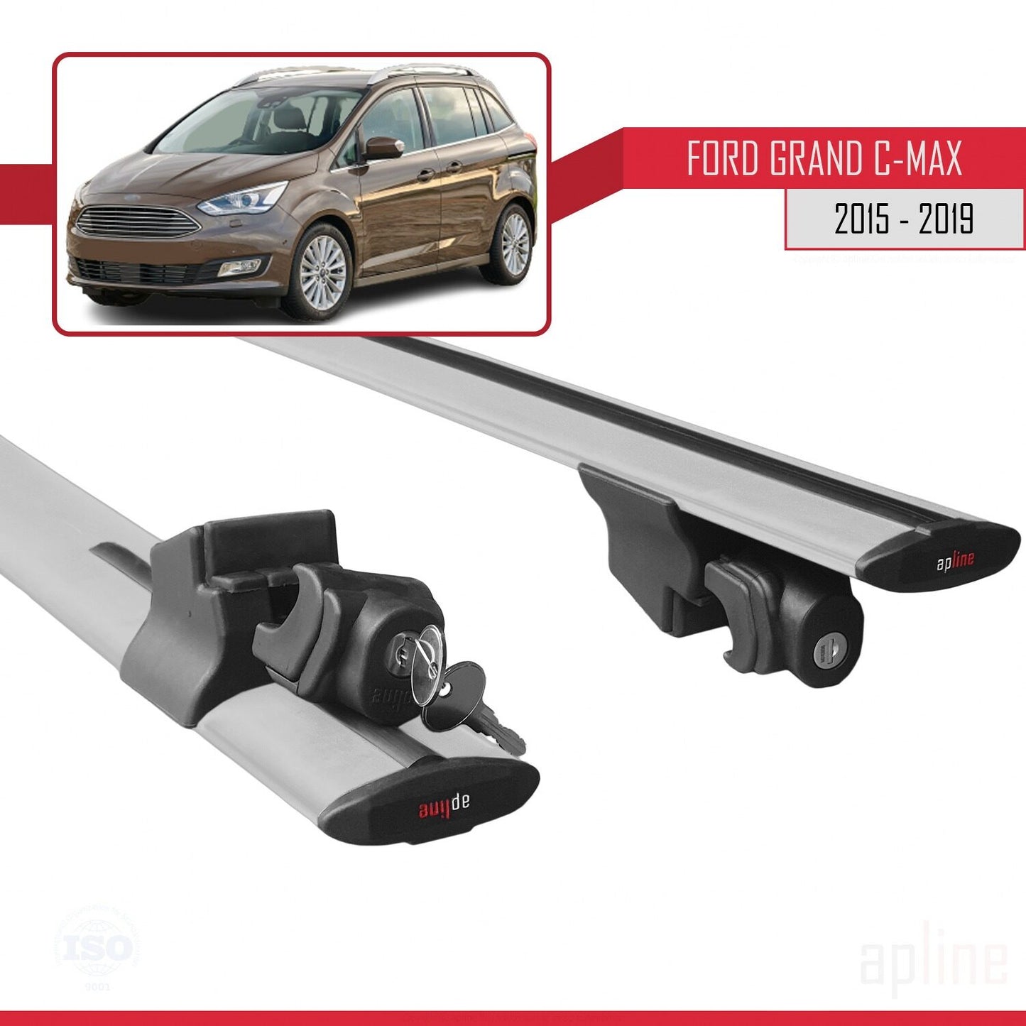 Compatible with Ford Grand C-Max (C344) Post-Facelift 2015-2019 HOOK Model Car Roof Rack Cross Bar Grey Aluminium 2 Bars