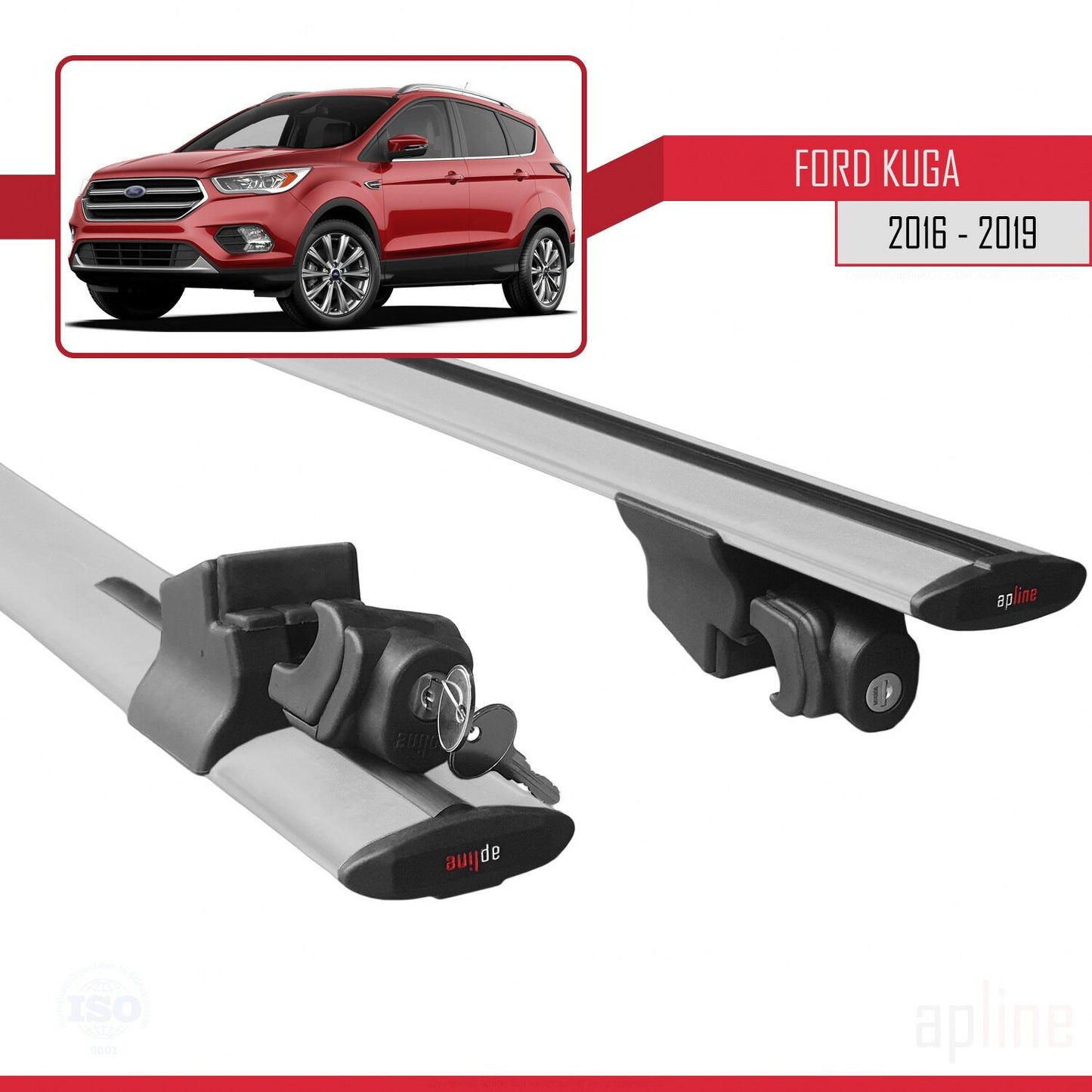 Compatible with Ford Kuga 2 (C520) Post-Facelift 2016-2019 HOOK Model Car Roof Rack Cross Bar Grey Aluminium 2 Bars