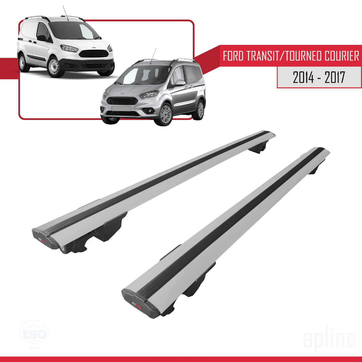 Compatible with Ford Transit/Tourneo Courier Pre-Facelift 2014-2017 HOOK Model Car Roof Rack Cross Bar Grey Aluminium 2 Bars
