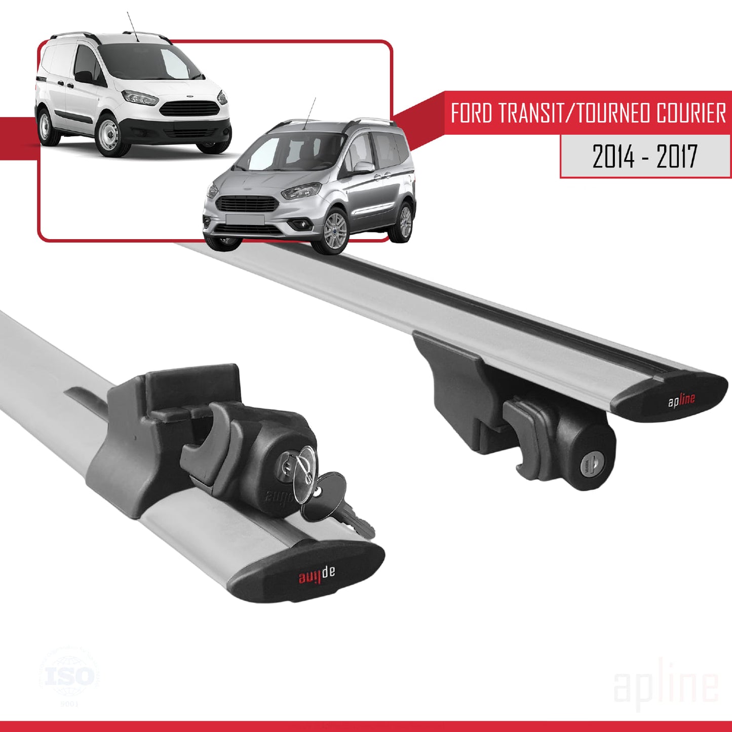 Compatible with Ford Transit/Tourneo Courier Pre-Facelift 2014-2017 HOOK Model Car Roof Rack Cross Bar Grey Aluminium 2 Bars