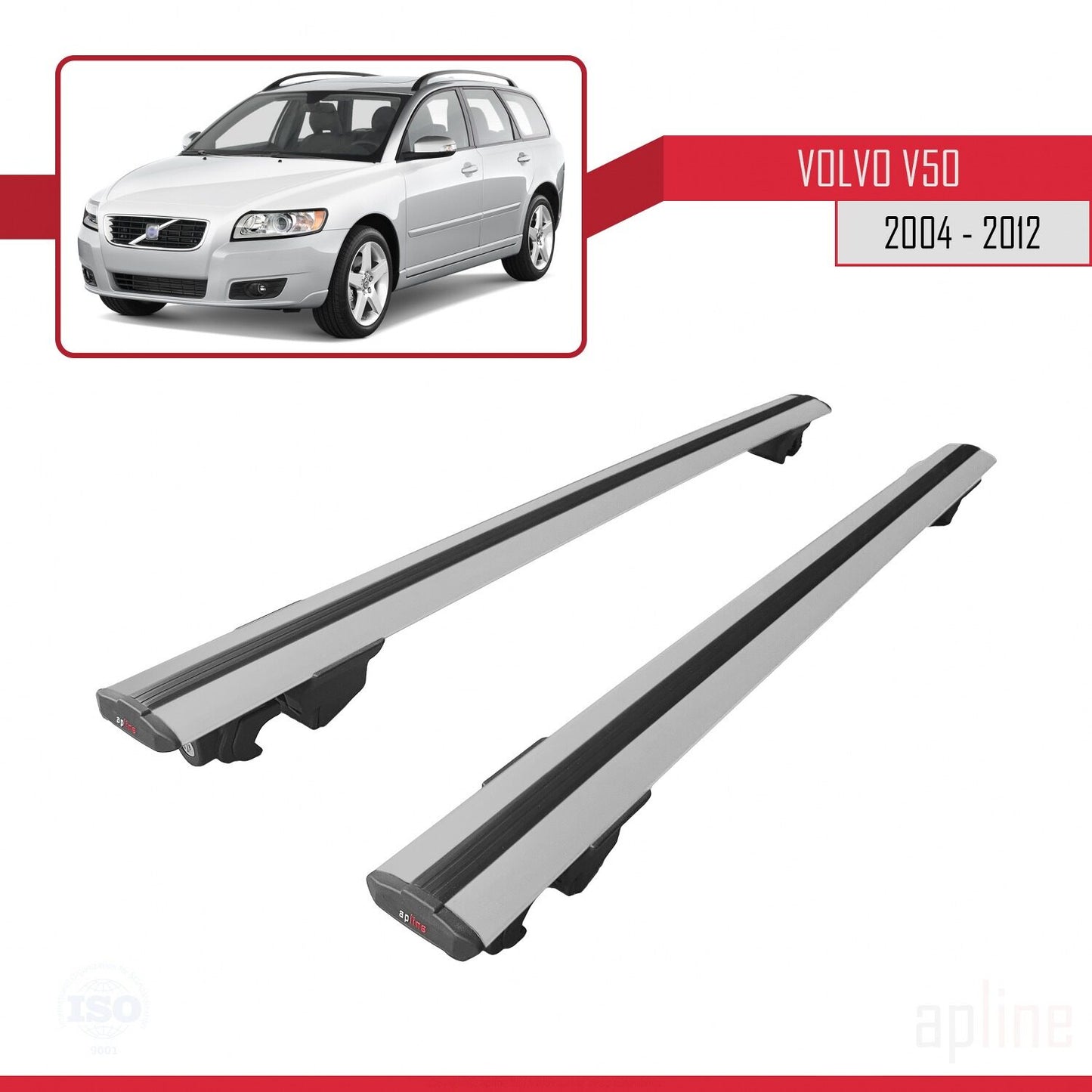 Compatible with Volvo V50 2004-2012 HOOK Model Car Roof Rack Cross Bar Grey Aluminium 2 Bars