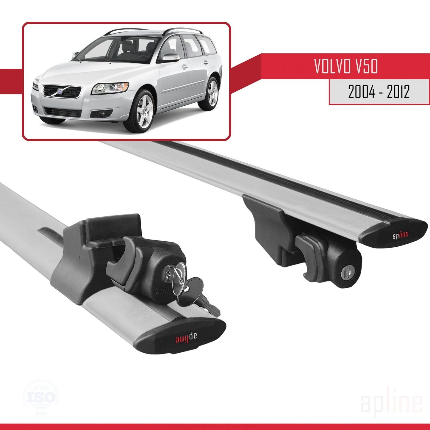 Compatible with Volvo V50 2004-2012 HOOK Model Car Roof Rack Cross Bar Grey Aluminium 2 Bars