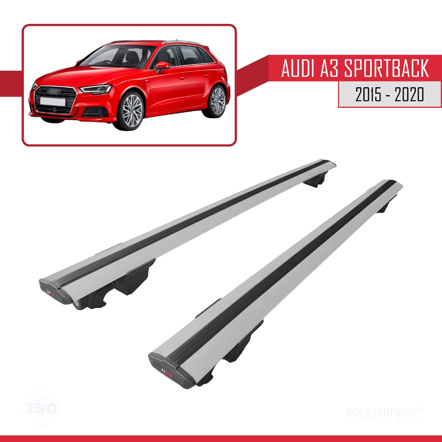Compatible with Audi A3 Sportback (8V) 2013-2020 HOOK Model Roof Rack Gray 2 Aluminium Bars
