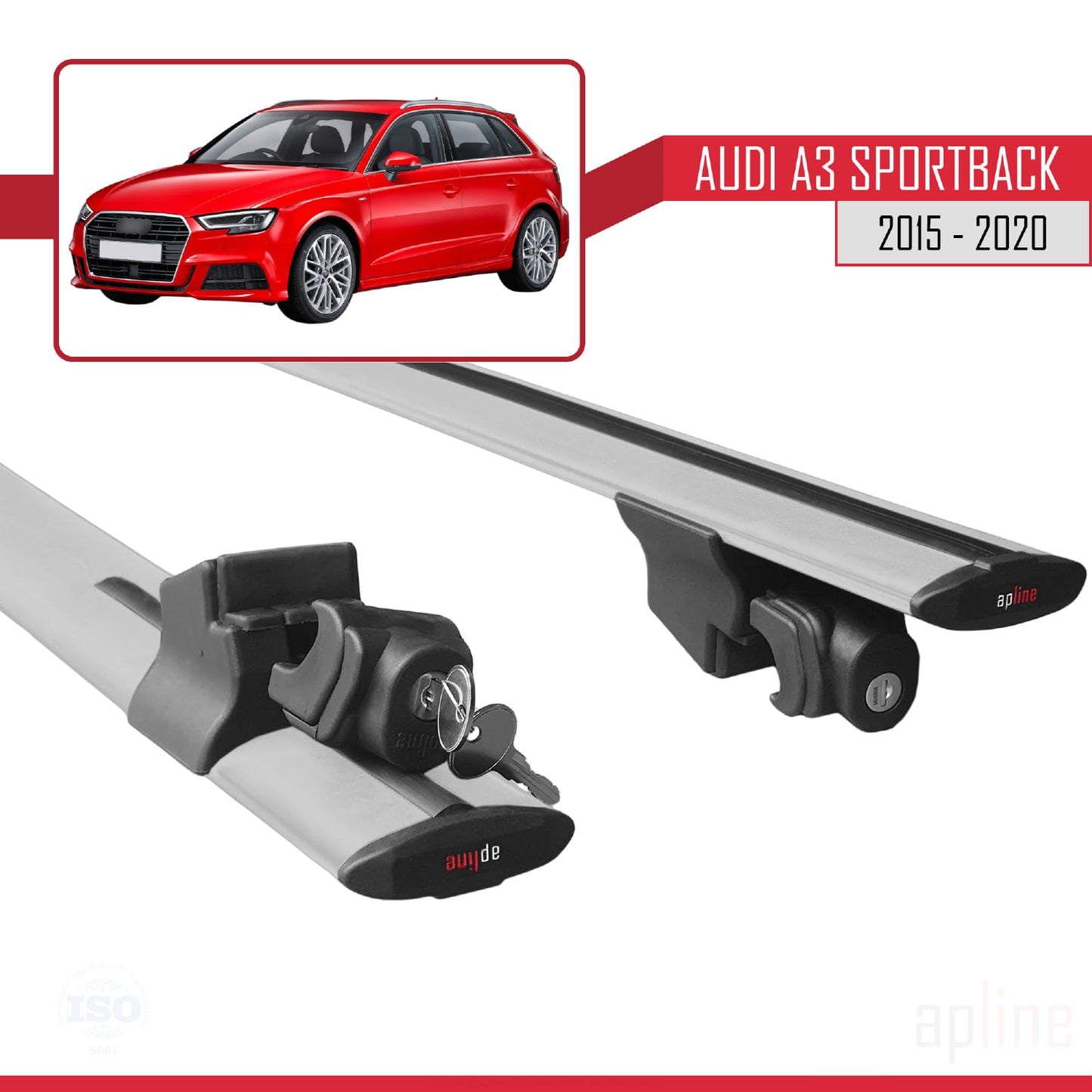 Compatible with Audi A3 Sportback 2015-2020  HOOK Model Car Roof Rack Cross Bar Grey Aluminium 2 Bars