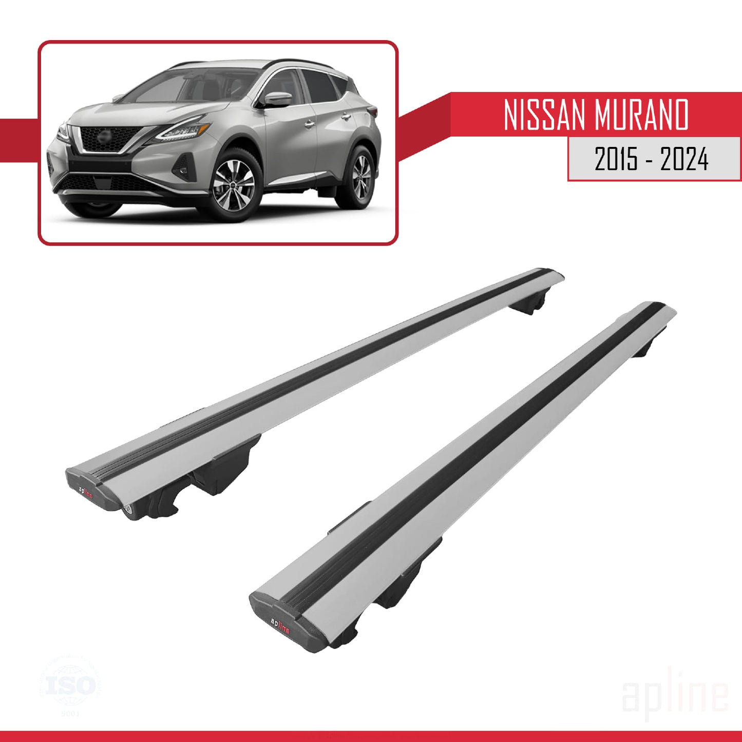Compatible with Nissan Murano 2015-2024  HOOK Model Car Roof Rack Cross Bar Grey Aluminium 2 Bars
