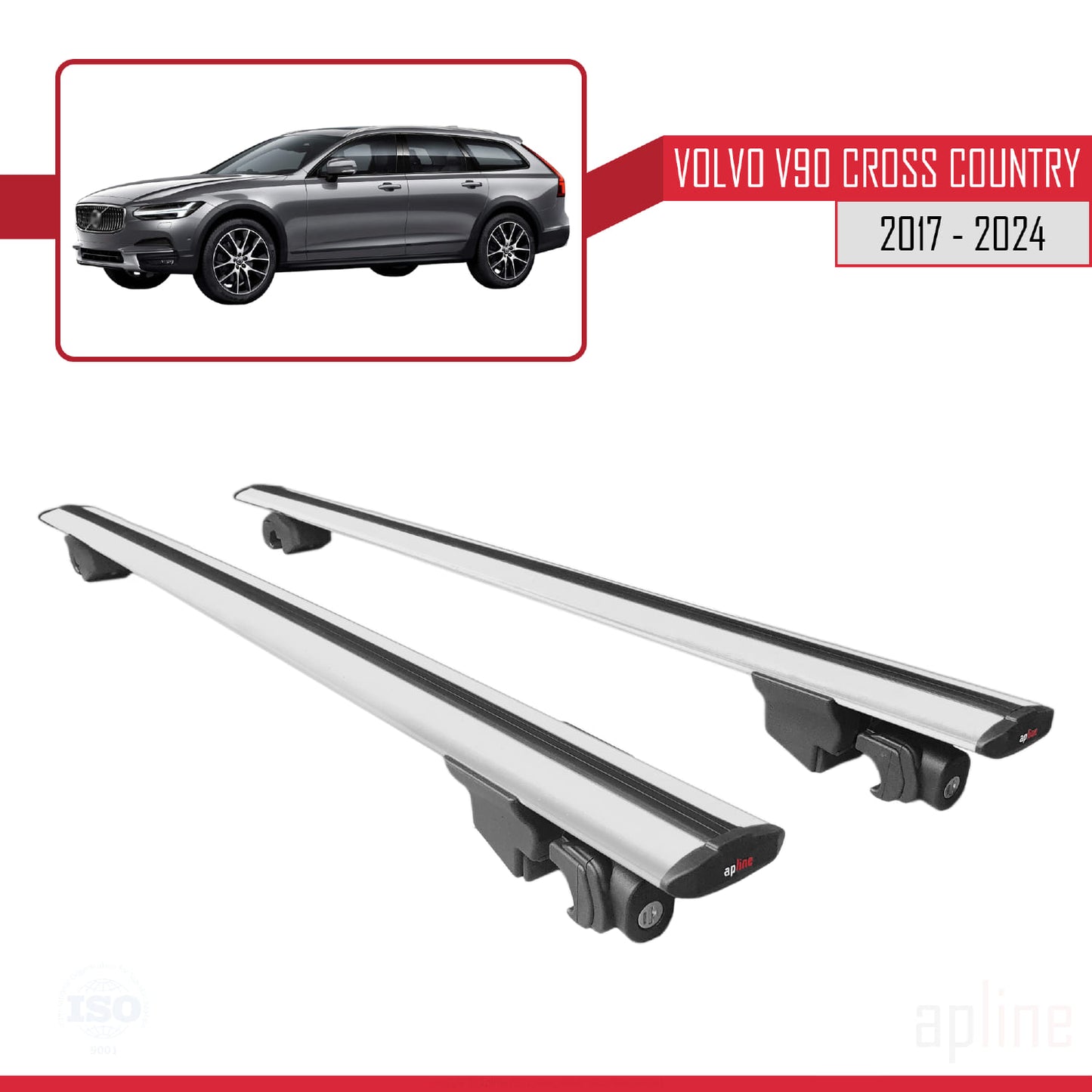 Compatible with Volvo V90 Cross Country 2017-2024  HOOK Model Car Roof Rack Cross Bar Grey Aluminium 2 Bars