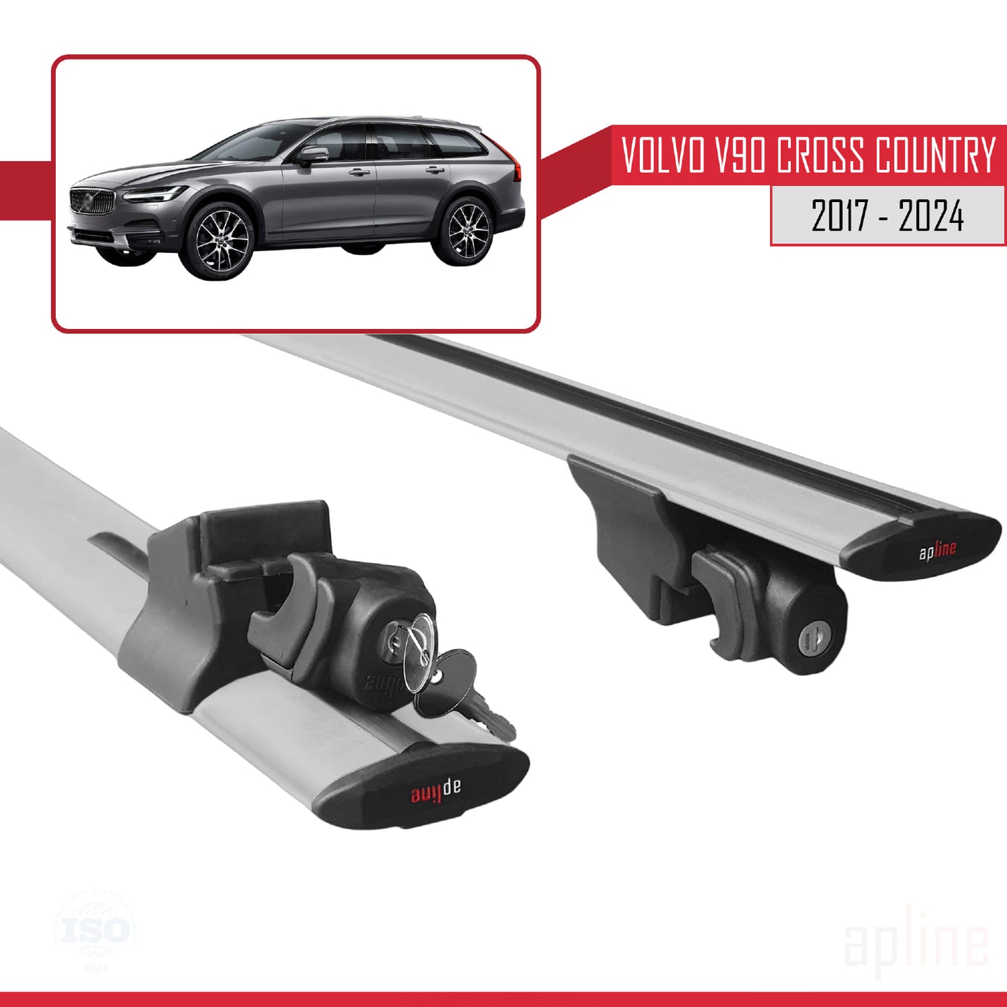 Compatible with Volvo V90 Cross Country 2017-2024  HOOK Model Car Roof Rack Cross Bar Grey Aluminium 2 Bars